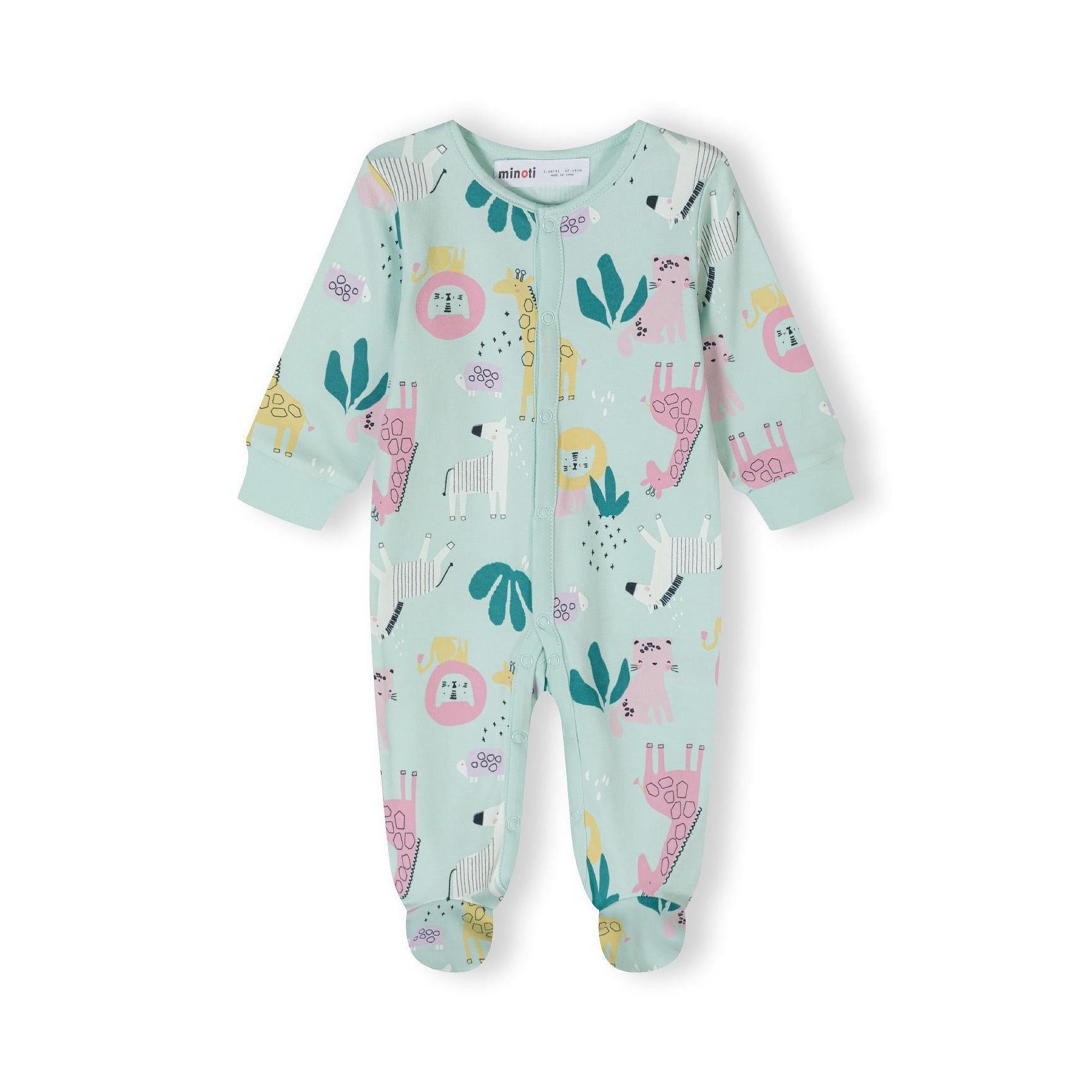 Mint green sleepsuit with jungle animal print laid flat showing full front view with integrated feet and long sleeves