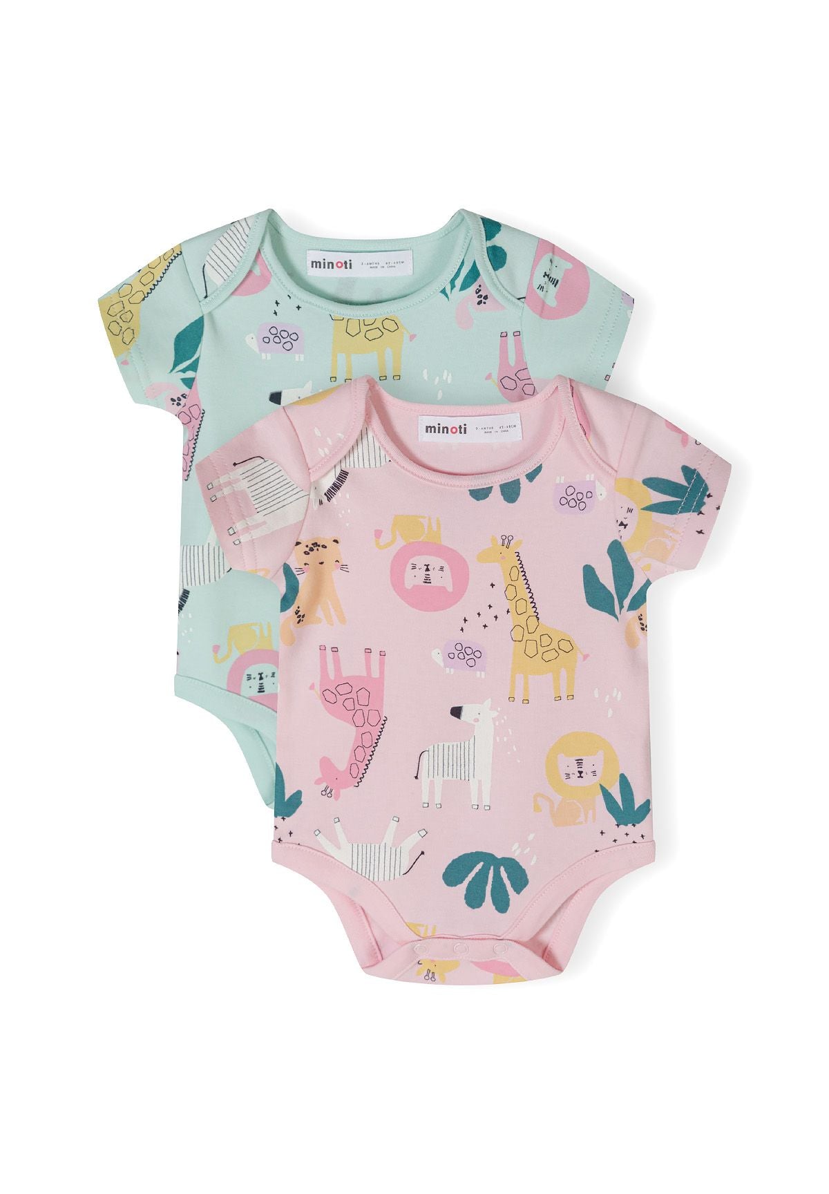 Mint and pink short-sleeved bodysuits, two bodysuits front.