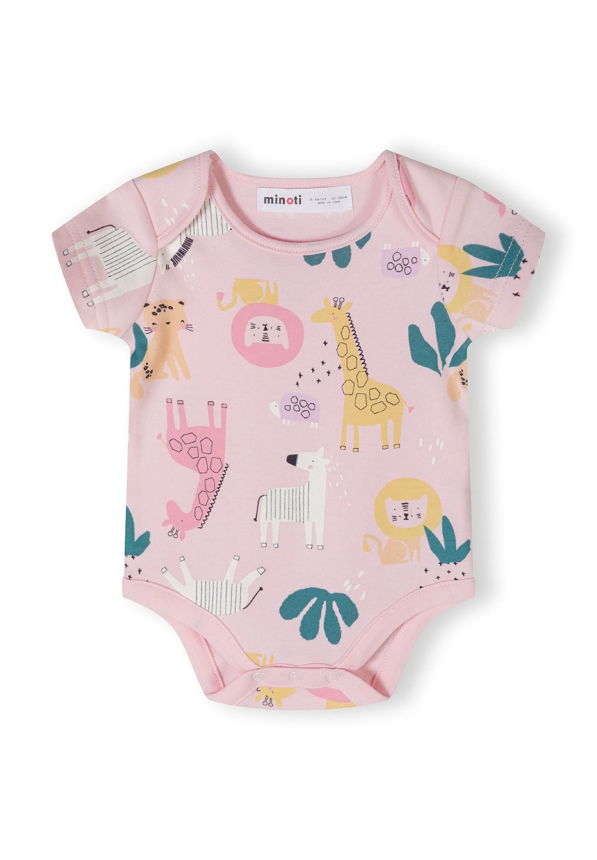 Detail of a girls' short sleeve bodysuit in pink with animal prints and envelope shoulders.