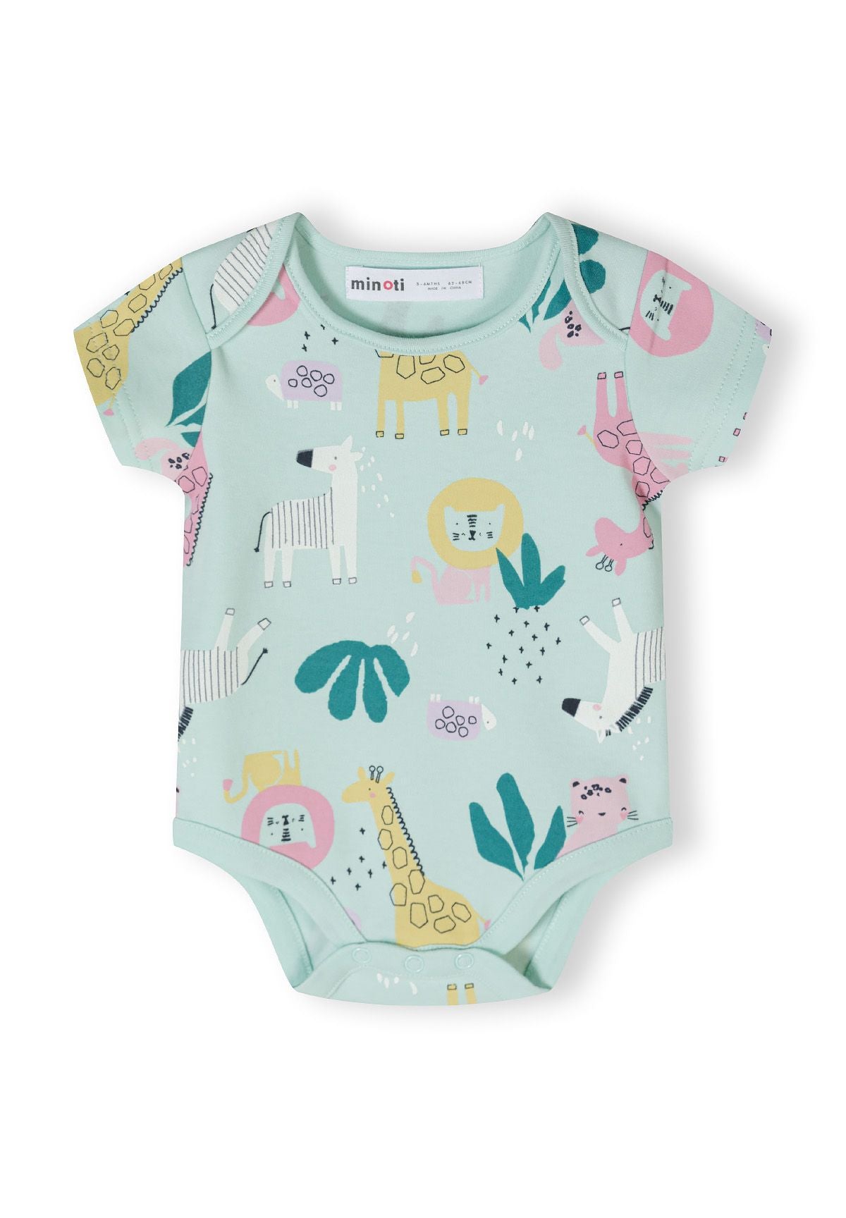 Mint short sleeve bodysuit with animal print, front view, featuring envelope shoulders and press-stud fastening.