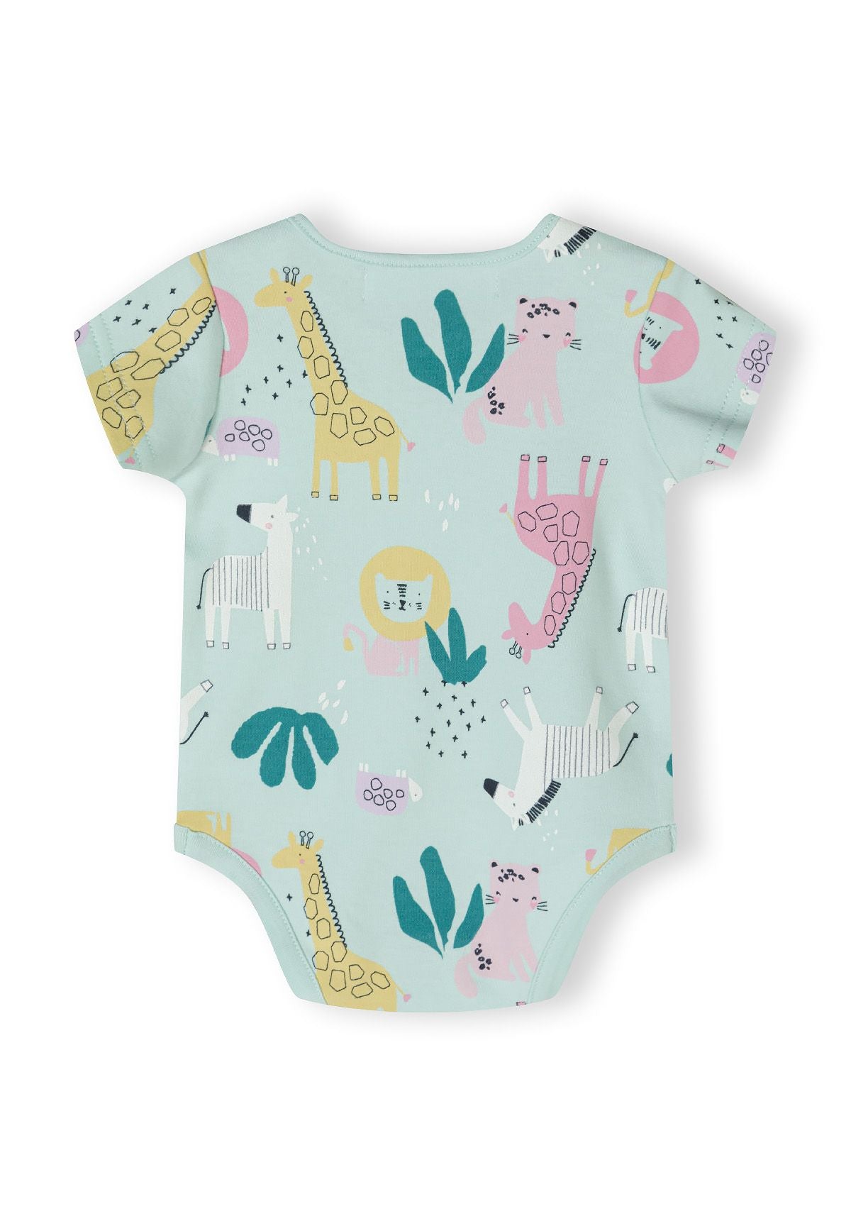 Girls short sleeve bodysuit in mint with animal print, back view, features envelope shoulders.