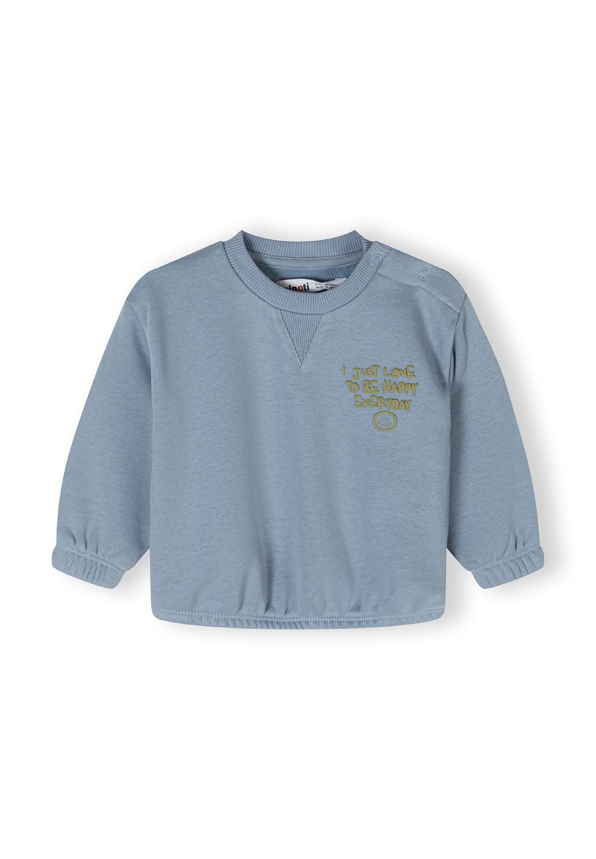 Boys long sleeve sweatshirt in blue with ribbed neckline and cuffs, featuring a smiley graphic.