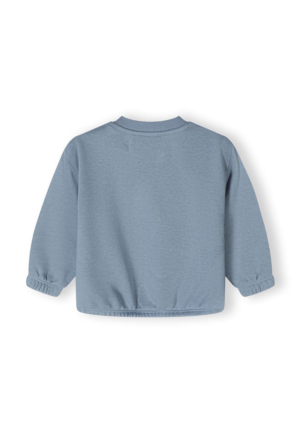 Boys blue long sleeve sweatshirt, back view, featuring ribbed cuffs and elasticated hem.