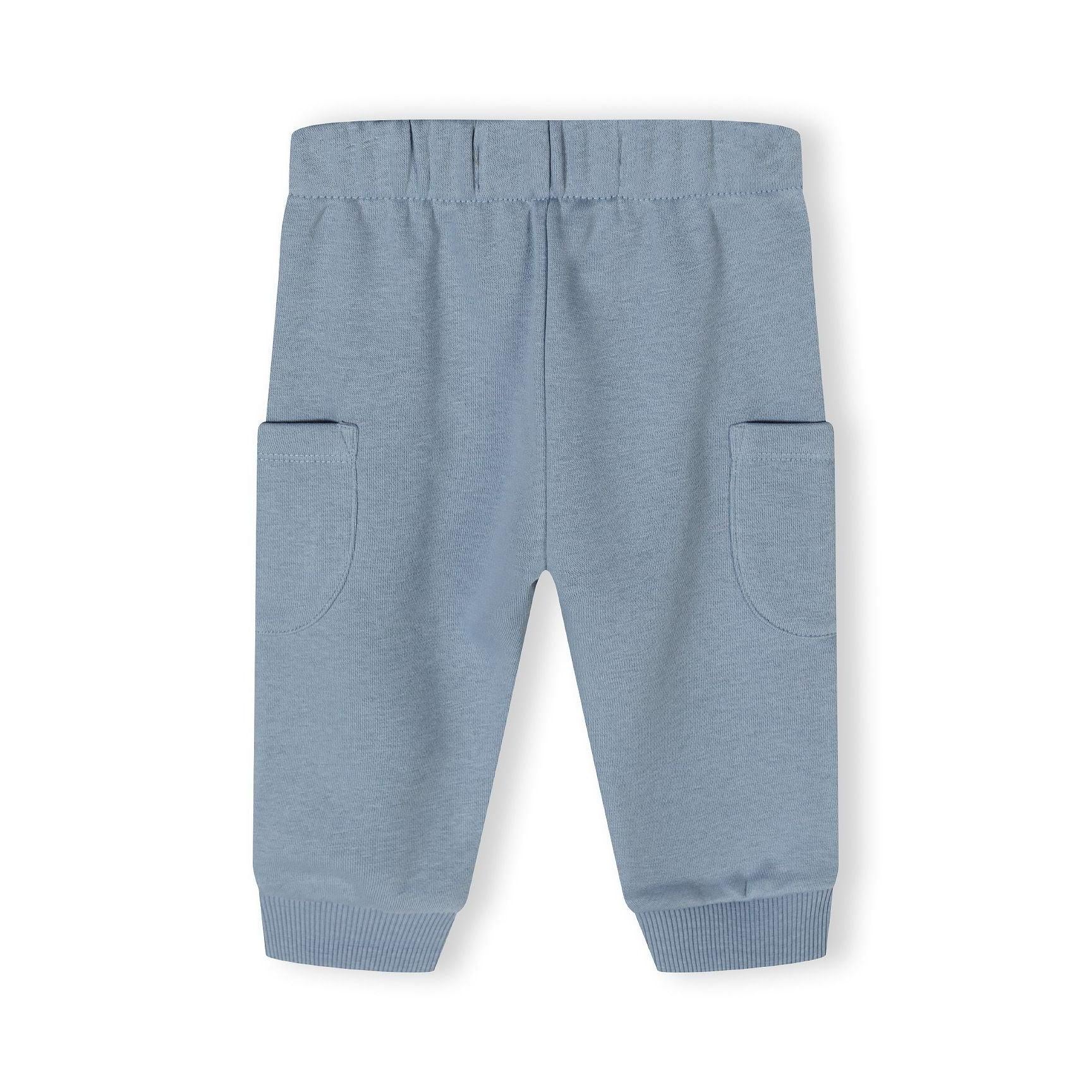Detailed view of blue joggers pocket construction and fabric texture showing soft cotton material