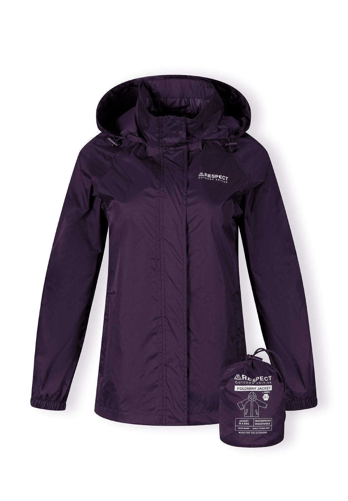 Women’s packaway waterproof jacket in purple, front view with hood and zipped pockets.