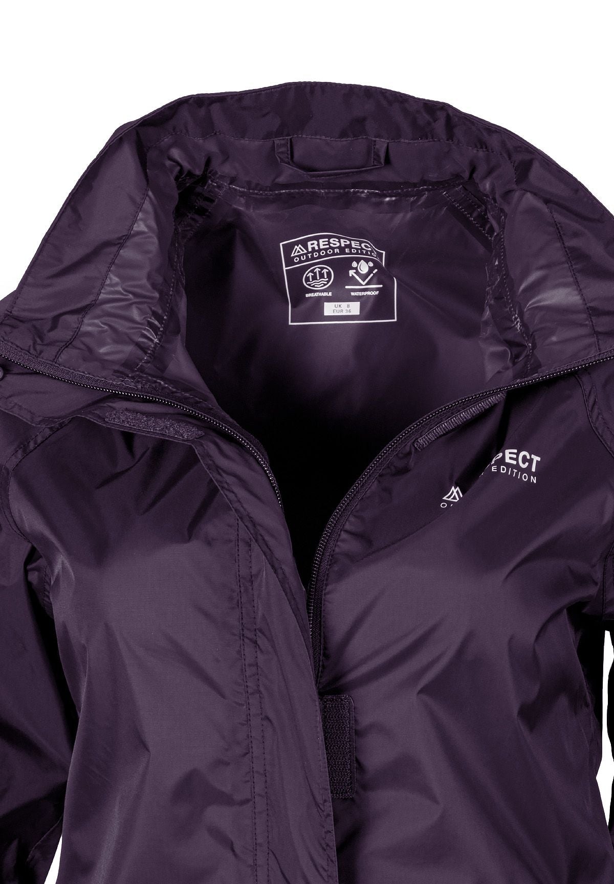 Detail of a women's packaway waterproof jacket in purple, featuring a zip front and hood.