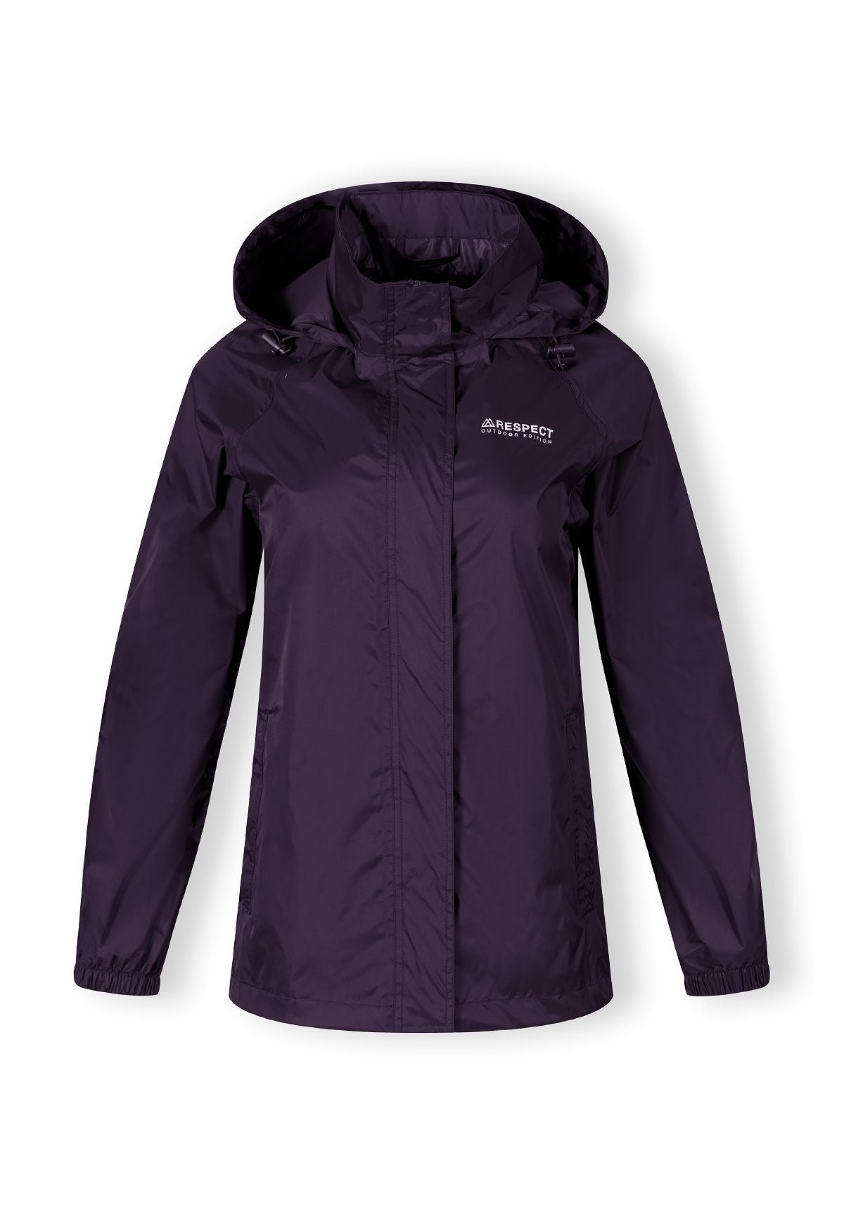 Women’s purple packaway waterproof jacket, front view with hood and zip.