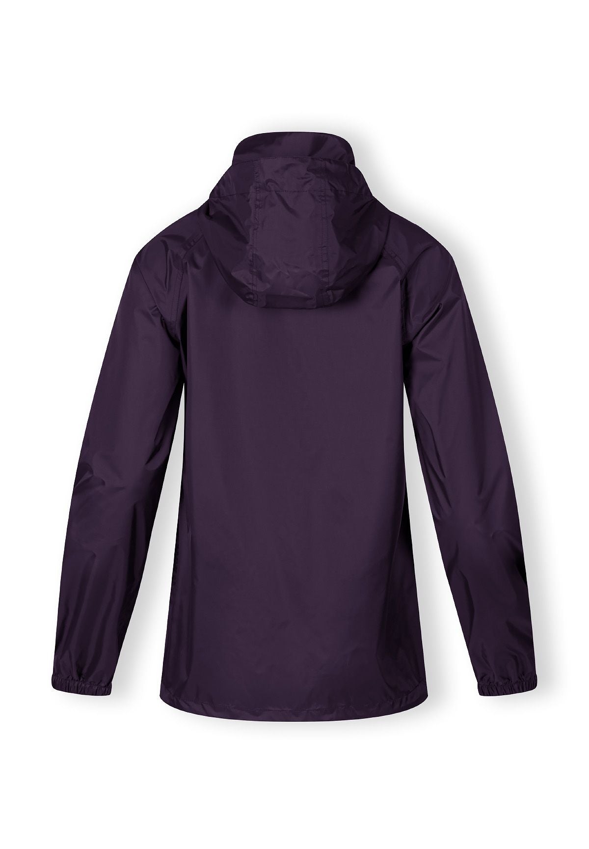 Back view of a women's packaway waterproof jacket in purple with a hood.