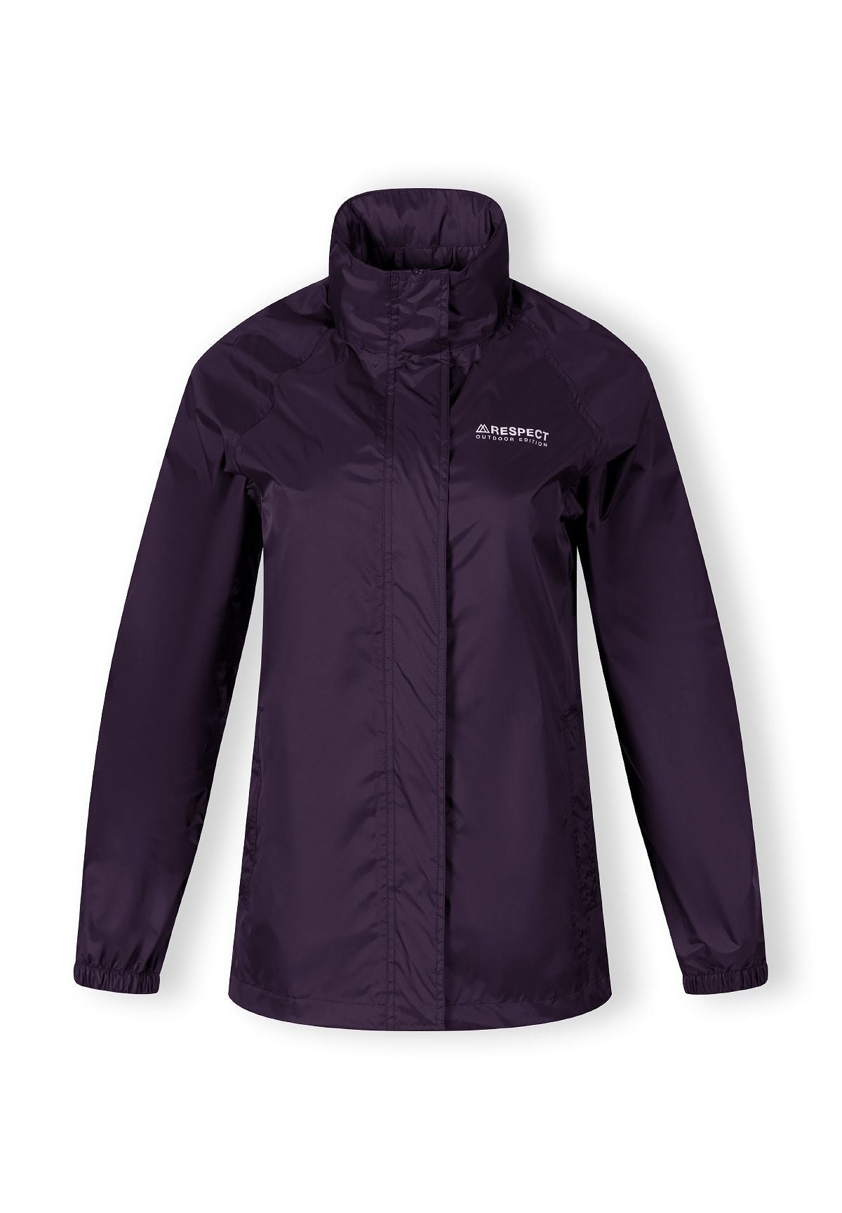 Women’s packaway waterproof jacket in purple, front view with hood and logo.