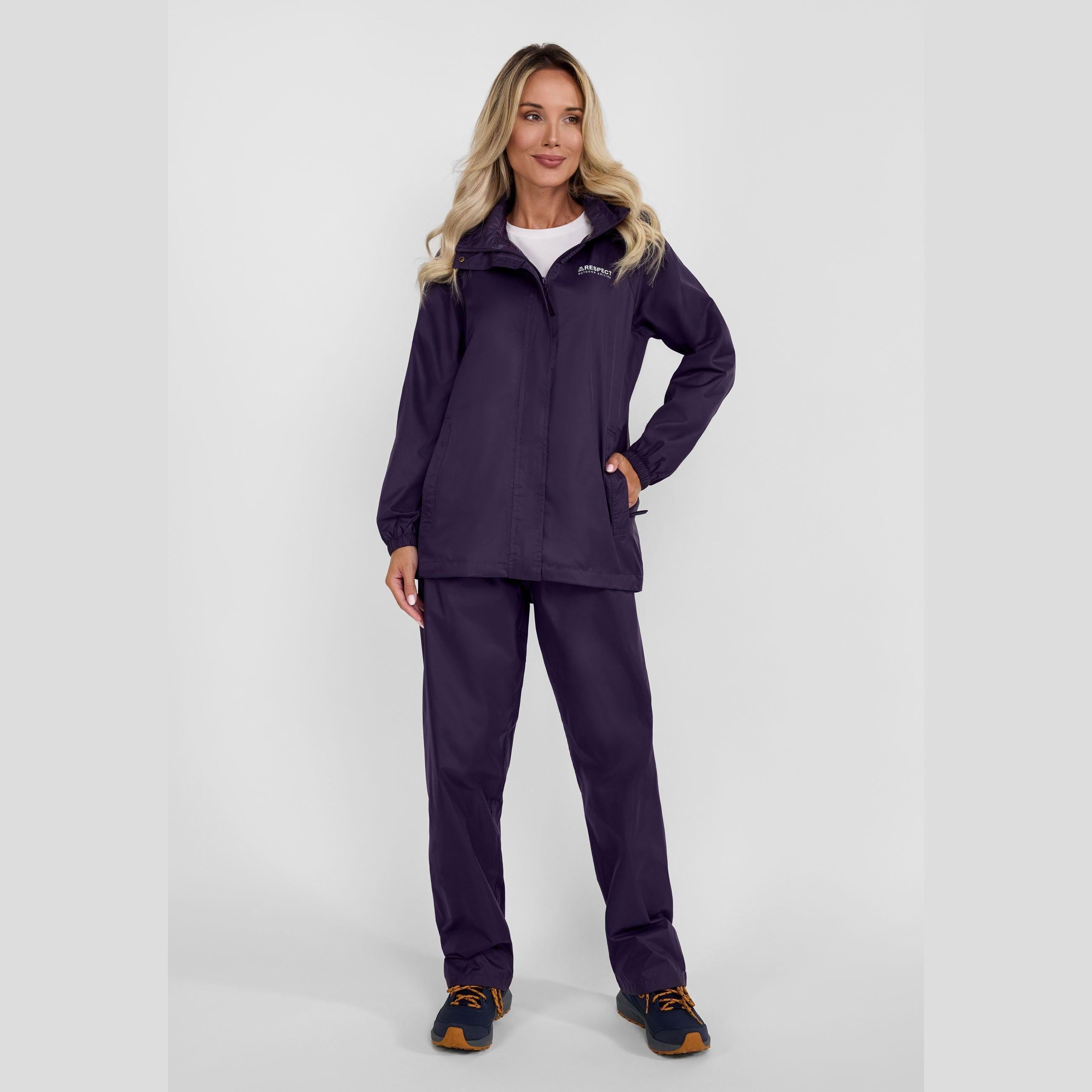 Close-up detail of purple waterproof jacket showing pocket construction and fabric texture