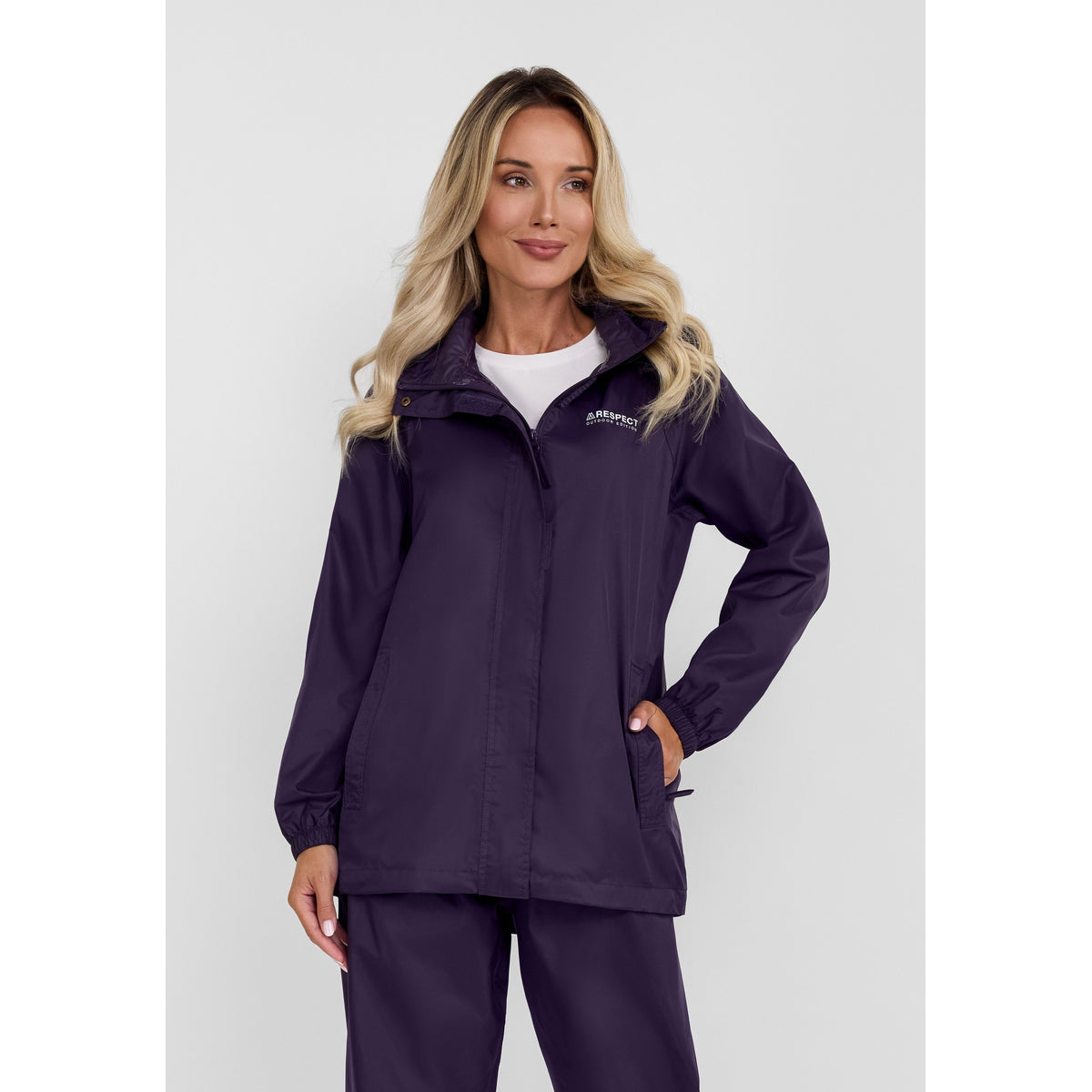 Women's packaway hooded jacket in purple — complete product view for square Shop card
