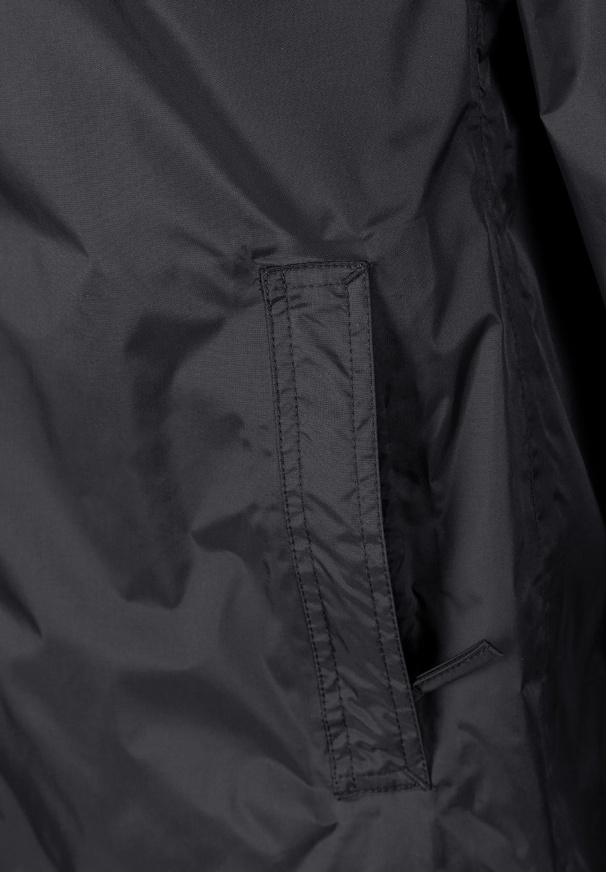 Detail of a black waterproof jacket showing a zippered pocket.
