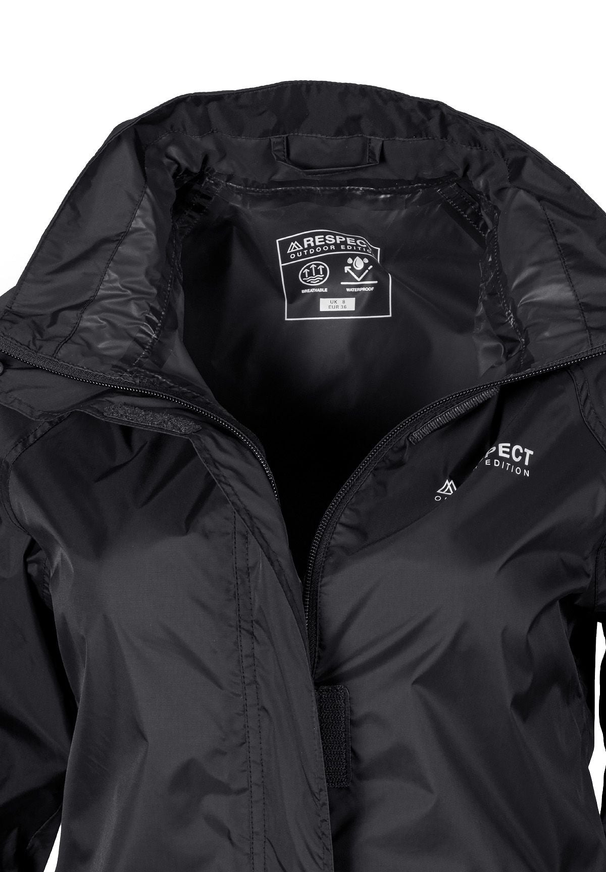 Detail of a black women's packaway waterproof jacket with a zip and hidden hood.