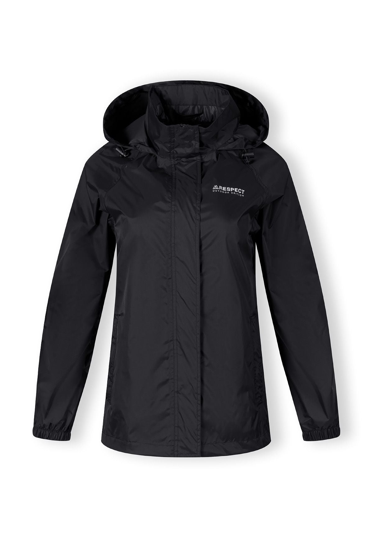 Front of the black packaway hooded jacket, with the hood raised.