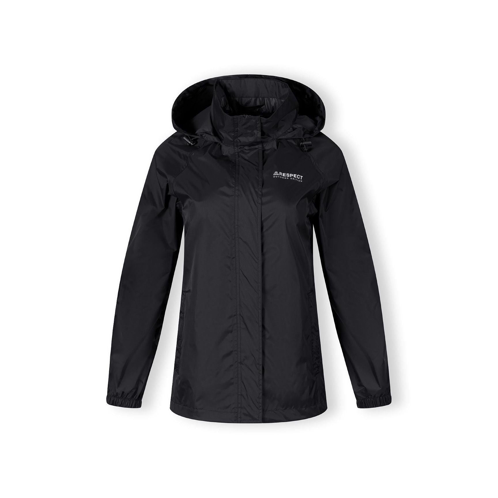 Black packaway waterproof jacket laid flat with hood visible and compact storage pouch shown alongside against white background