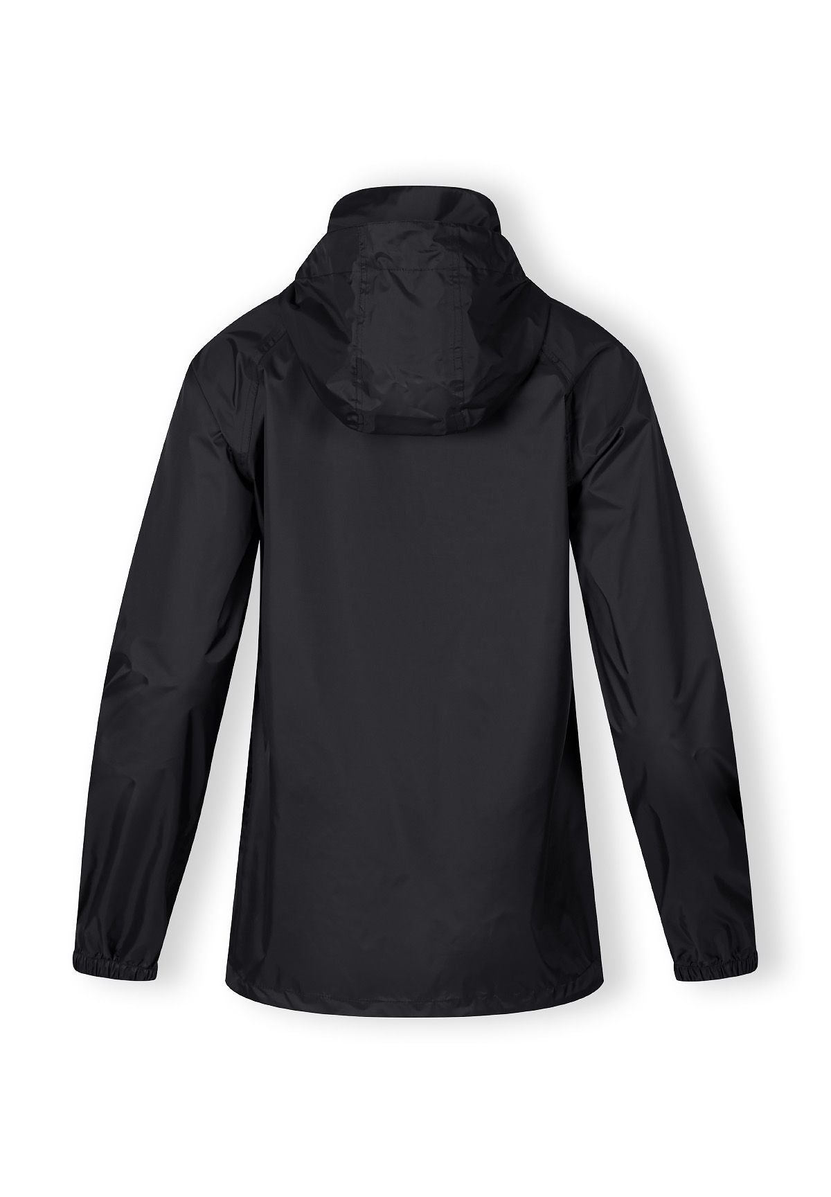Back of a black packaway hooded jacket.