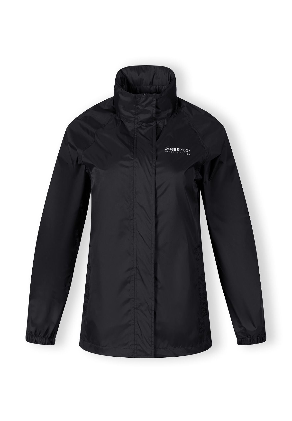 Front of the black packaway hooded jacket, with the hood folded into the collar.