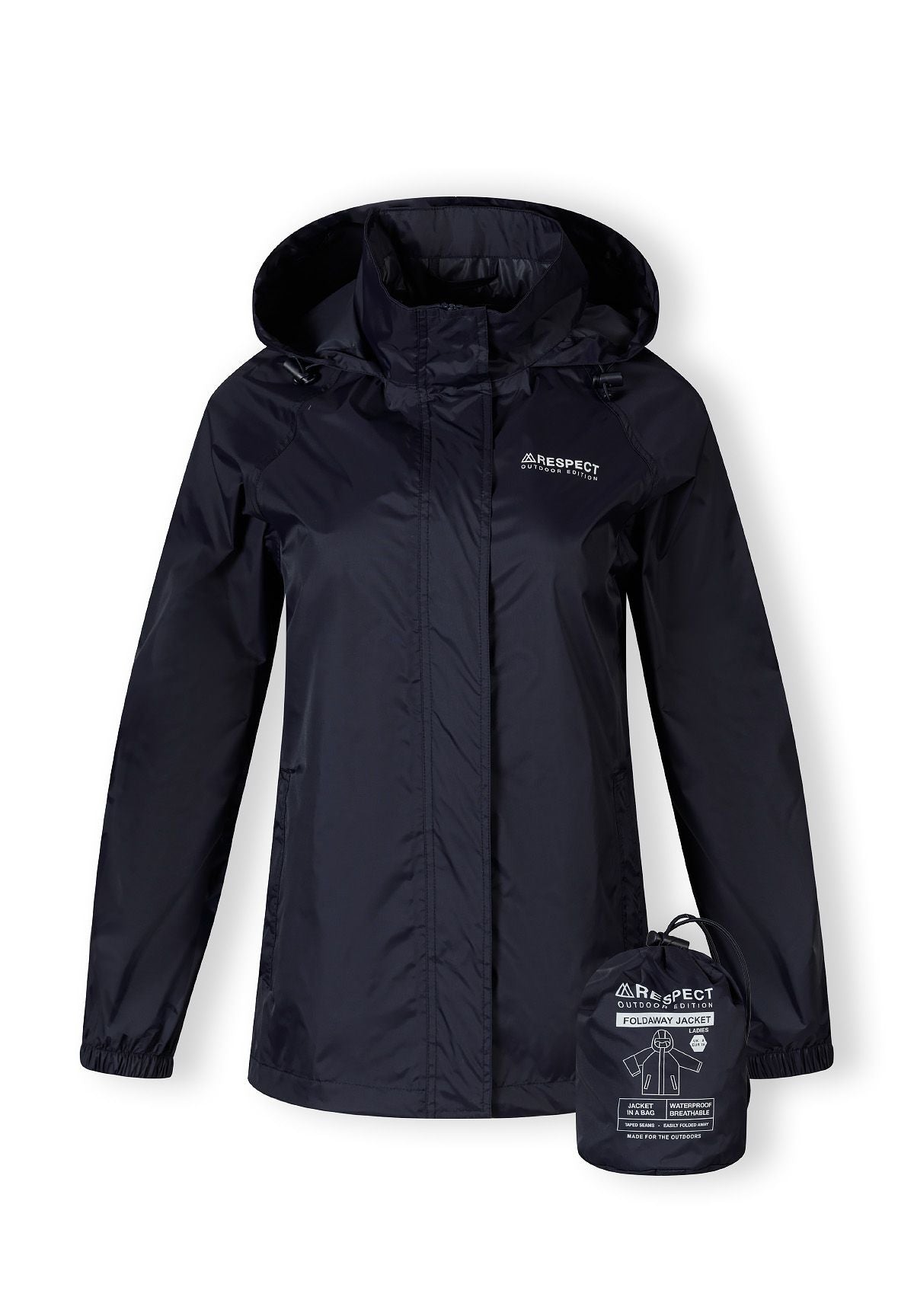 Women’s navy waterproof packaway jacket, front view with hood and zipped pockets.