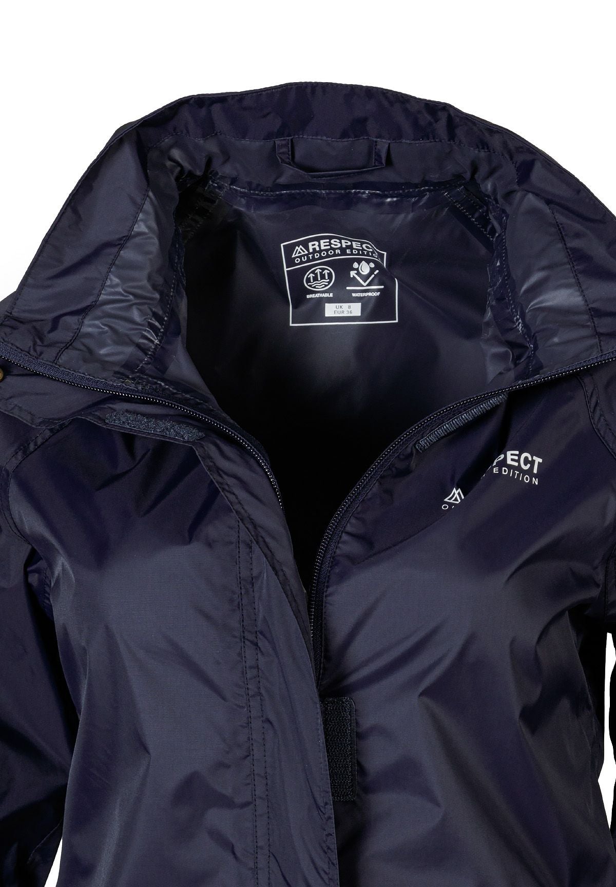 Detail of a navy waterproof packaway jacket with a zip fastening and hood.