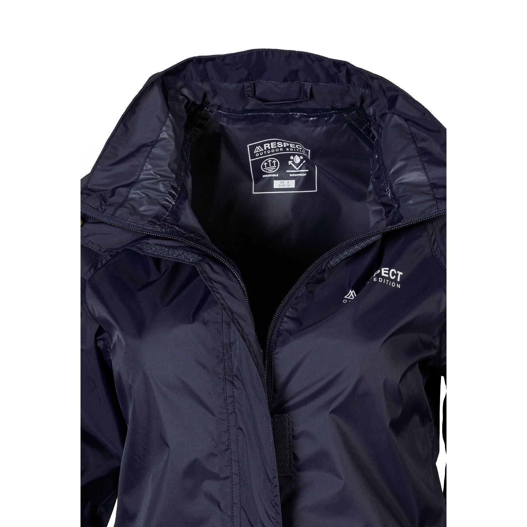 Close-up detail of navy jacket interior showing internal zip pocket and waterproof lining construction