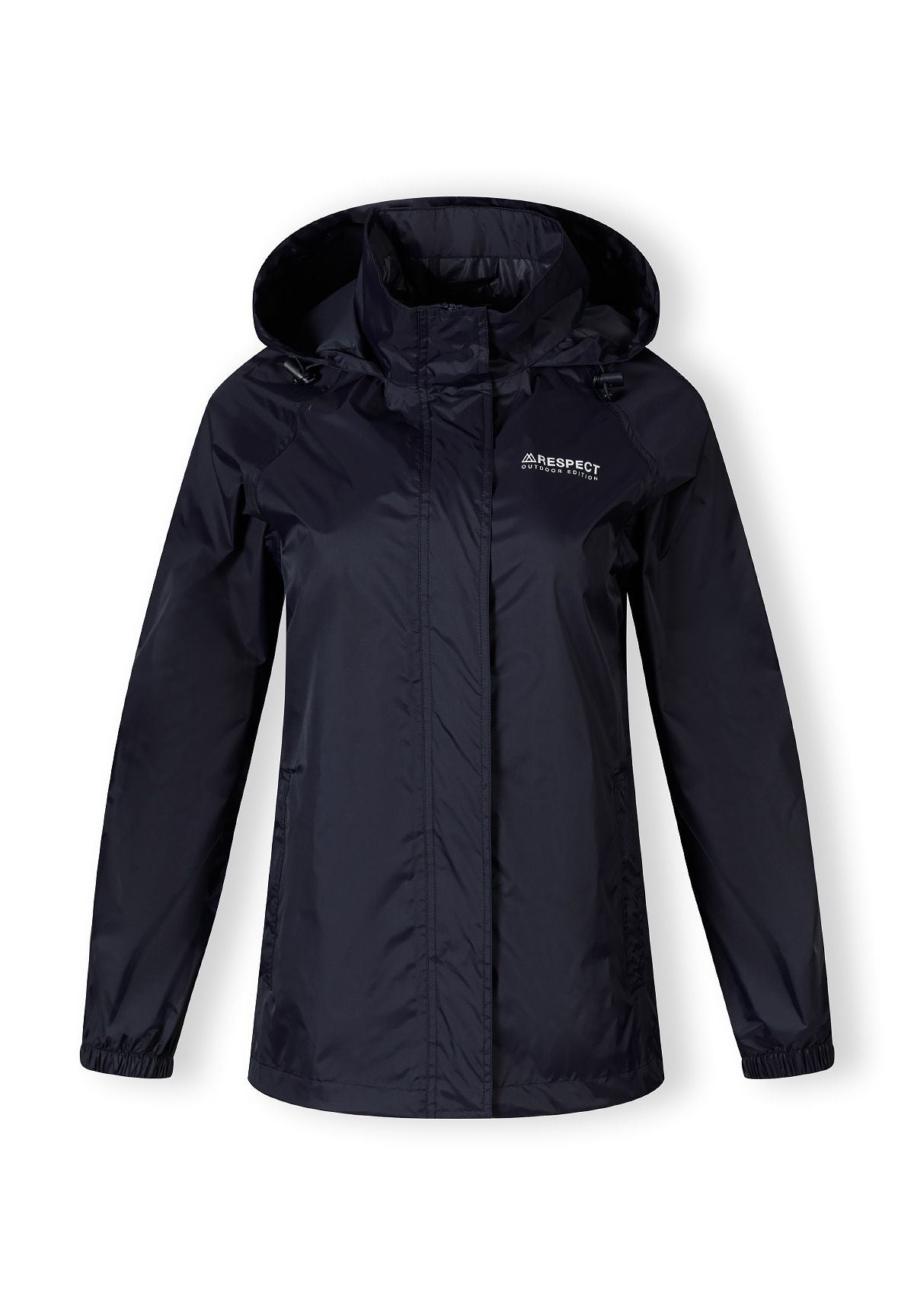 Front view of a women's navy waterproof packaway jacket with a hood and zipped pockets.