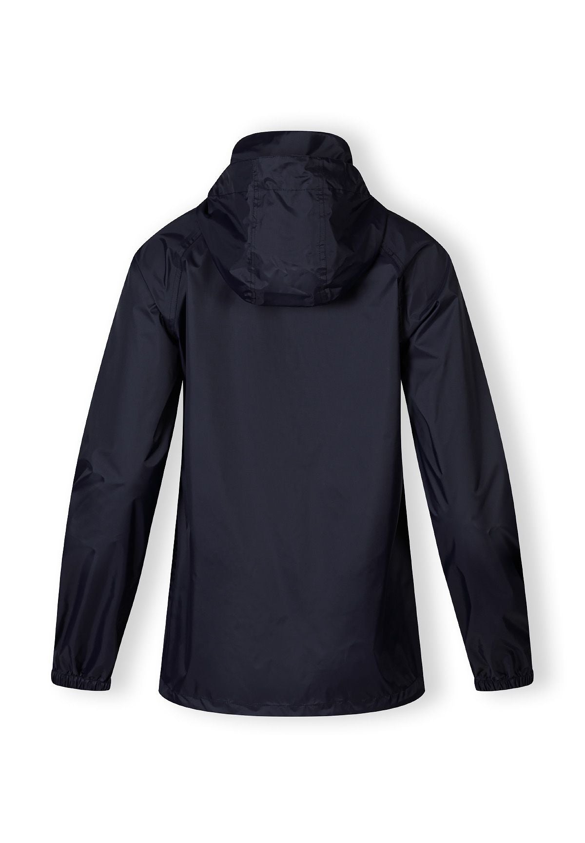 Back view of a navy waterproof packaway jacket with a hood and elasticated cuffs.