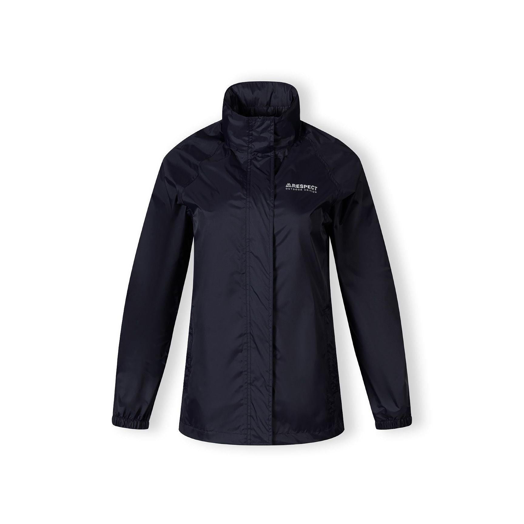 Navy packaway waterproof jacket laid flat showing full front view with zip fastening and Respect logo on chest