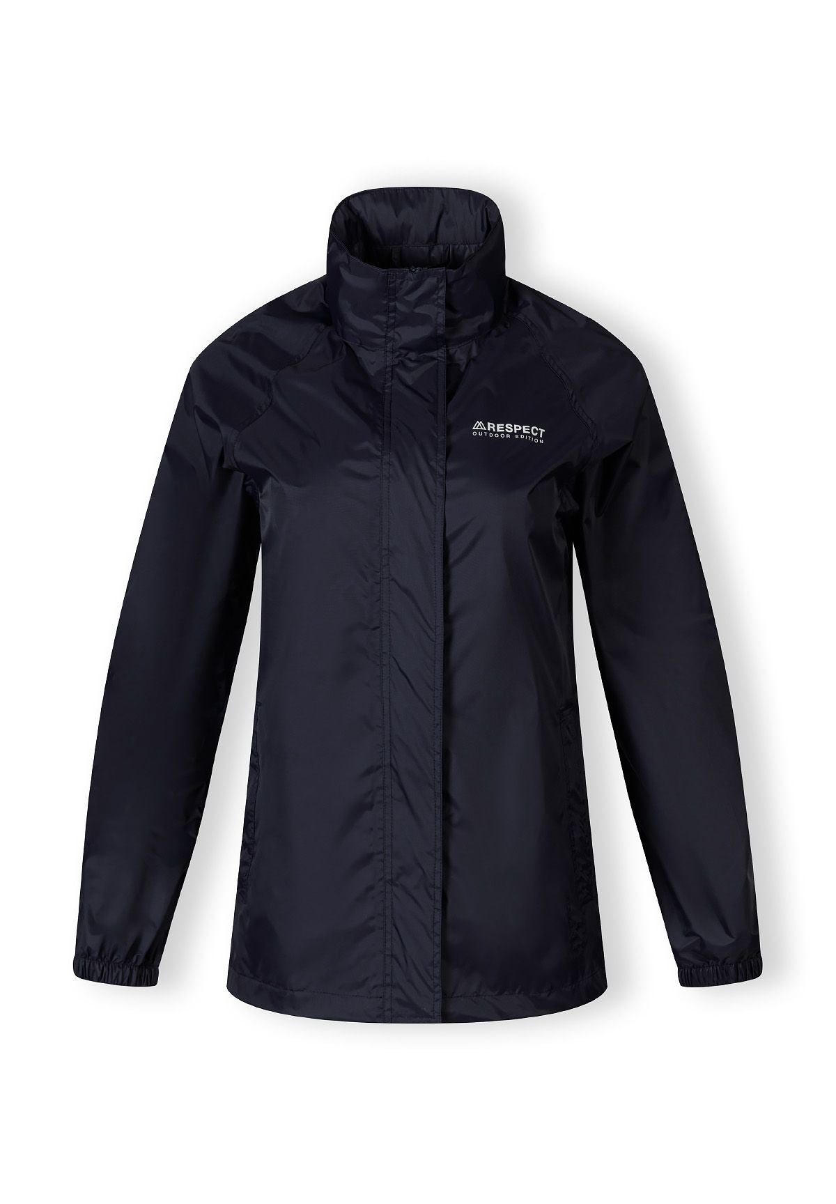 Navy waterproof packaway jacket with hood and zipped pockets, front view.