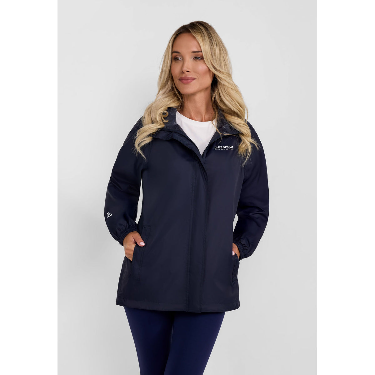 Women's packaway hooded jacket in navy — complete product view for square Shop card
