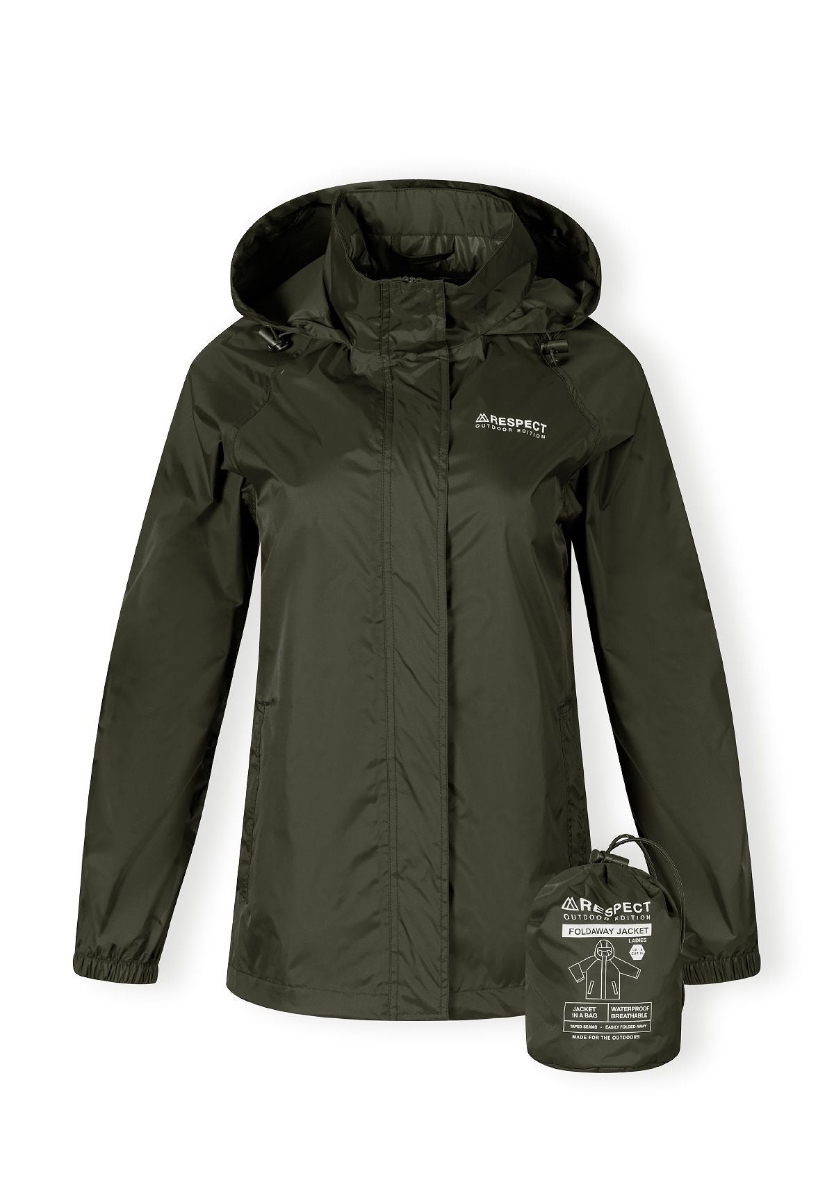 Women’s khaki waterproof jacket, front view, features hidden hood and zip pockets.
