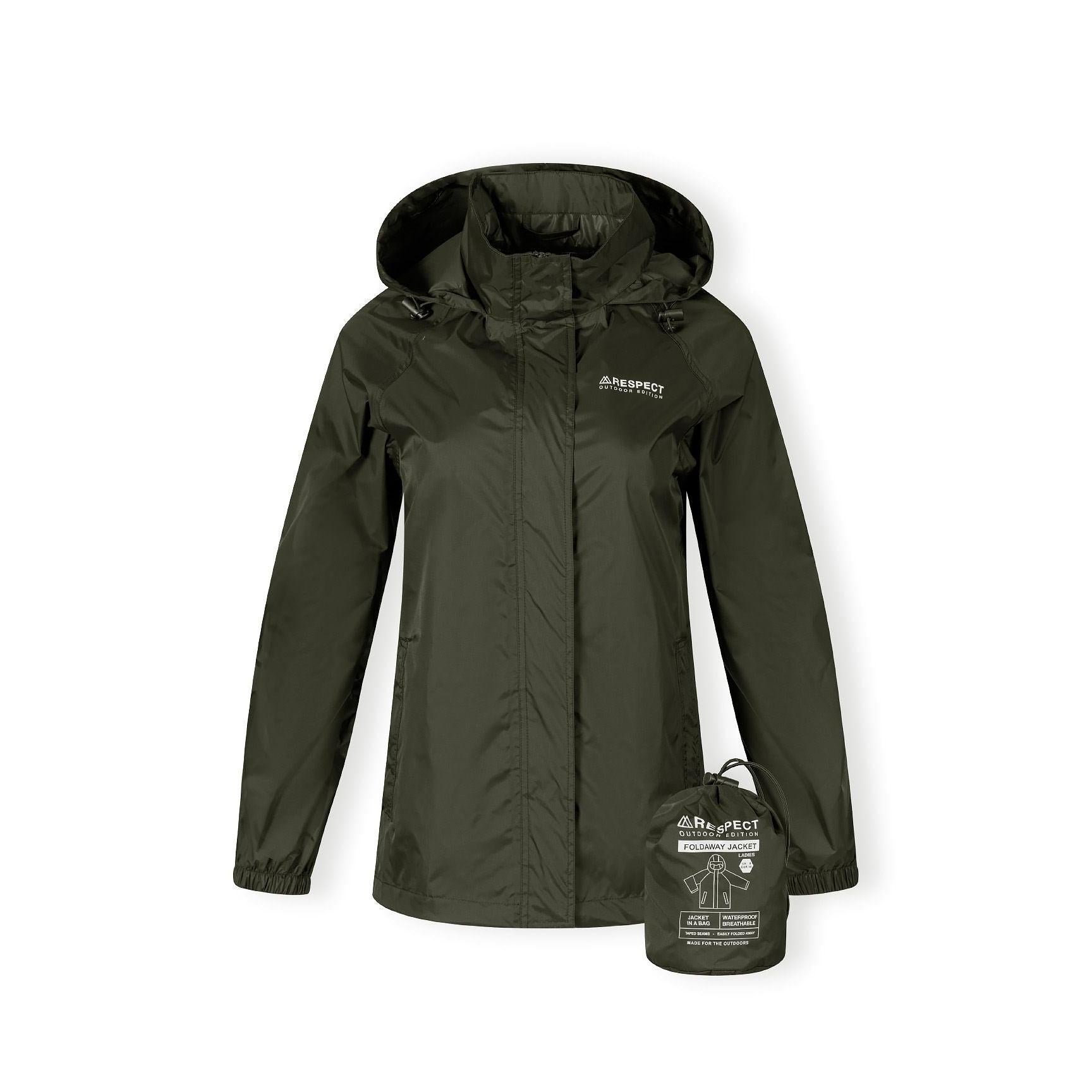 Khaki waterproof jacket laid flat with attached compact storage pouch beside it, showing packaway feature on white background