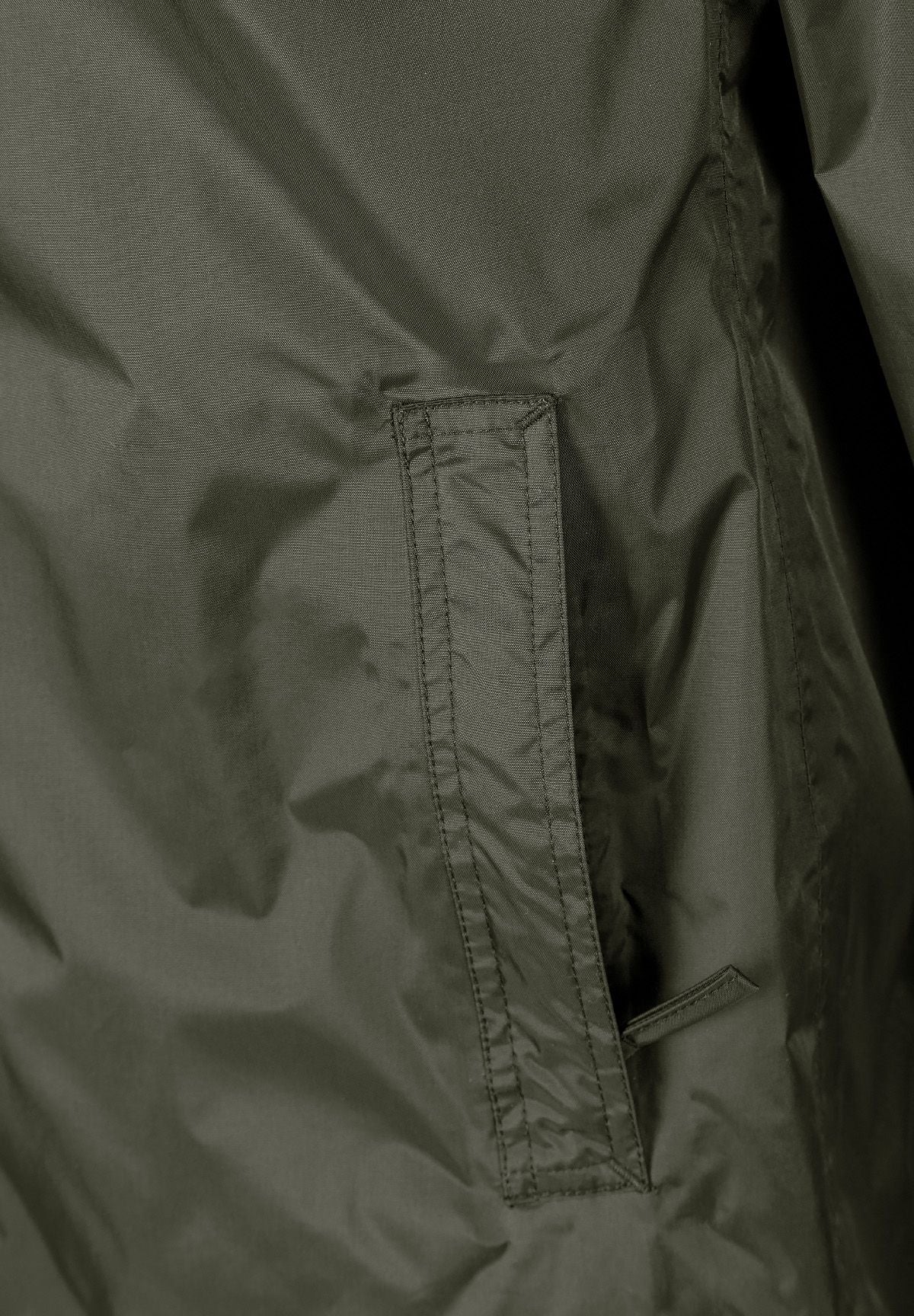 Detail of khaki waterproof jacket showing zip pocket and fabric texture.