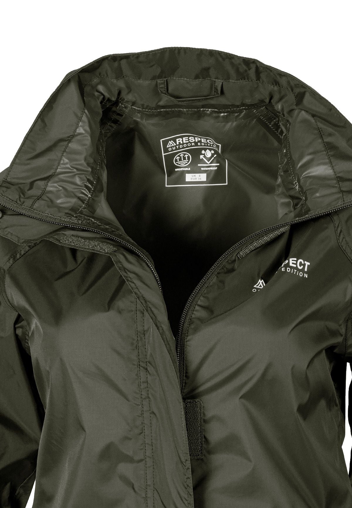 Close-up of a khaki waterproof jacket with hidden hood and full zip closure.