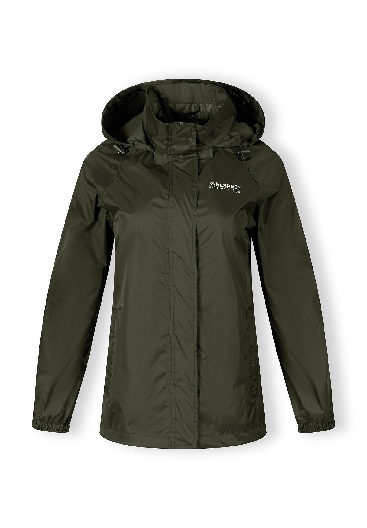 Women’s khaki waterproof jacket, front view, features hidden hood and zip pockets.