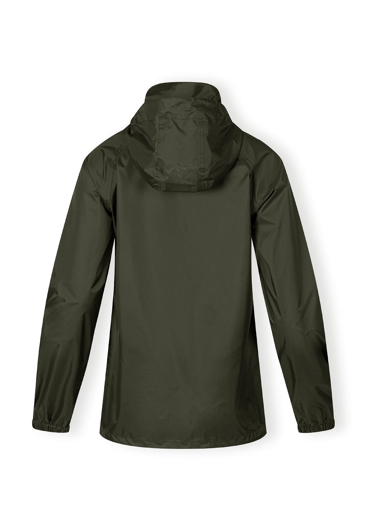 Back view of a khaki waterproof jacket with a hidden hood and elastic cuffs.