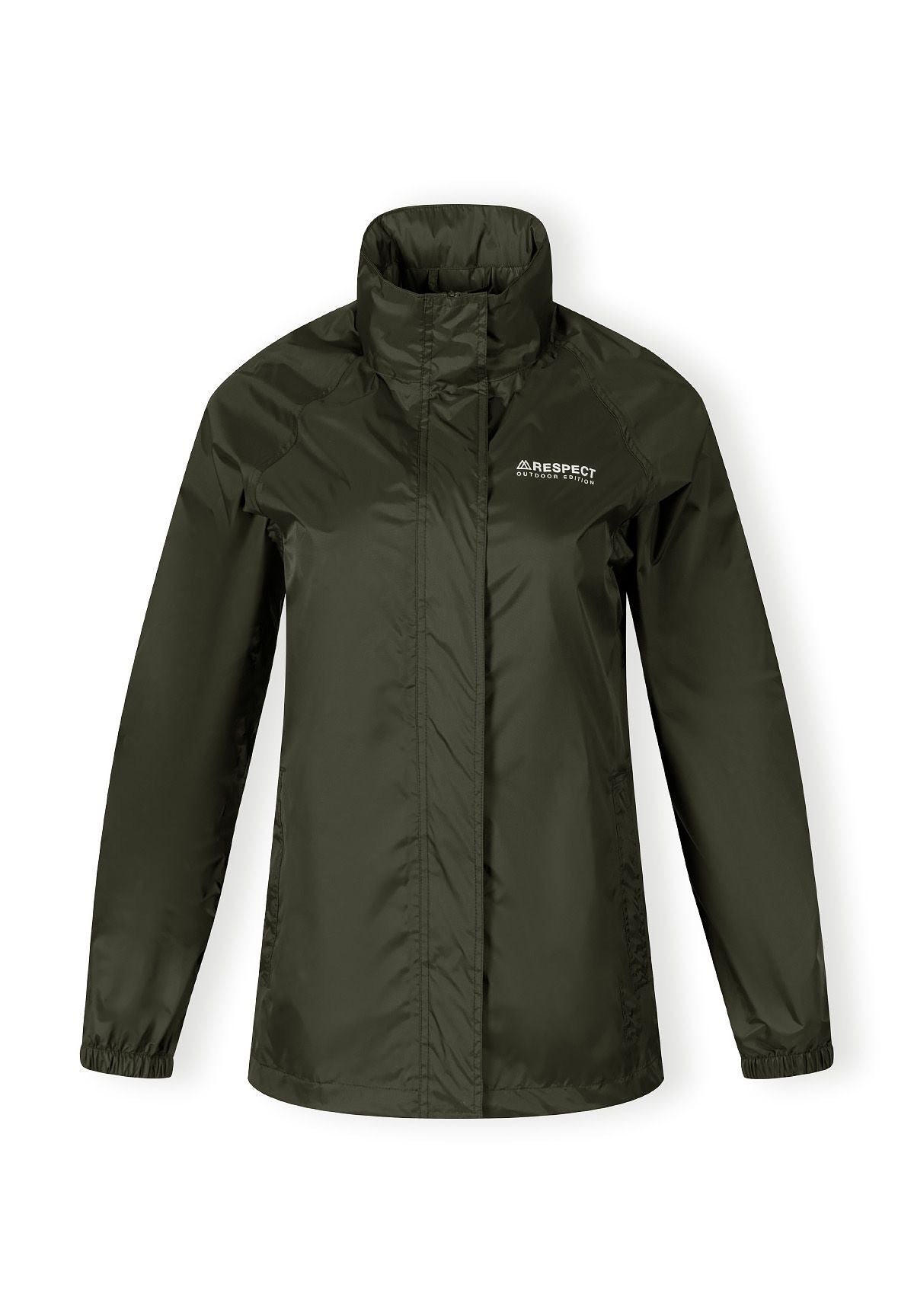Women's khaki waterproof jacket, front view, features hidden hood and zip pockets.