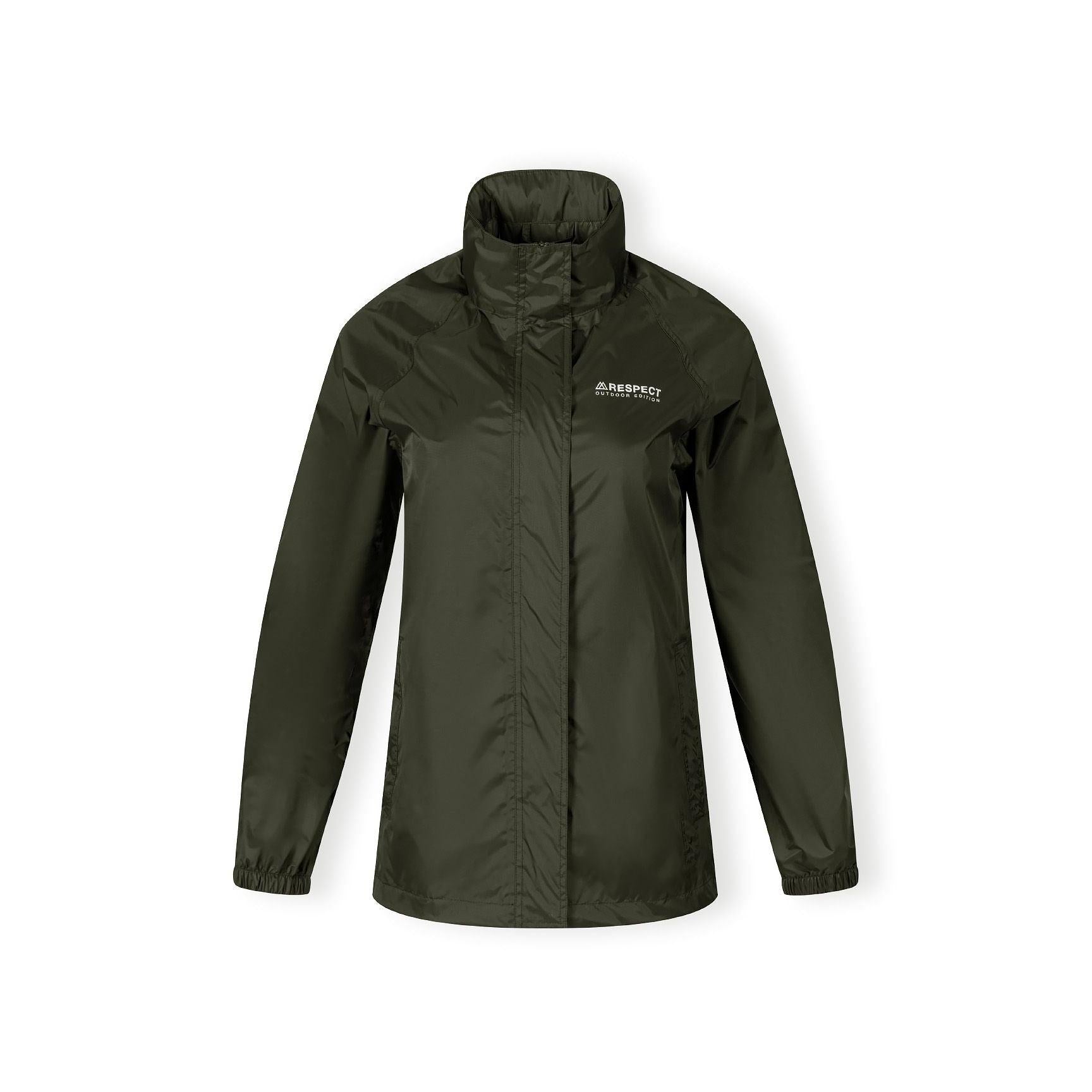 Close-up interior view of khaki jacket showing waterproof lining and internal construction details with seamed edges