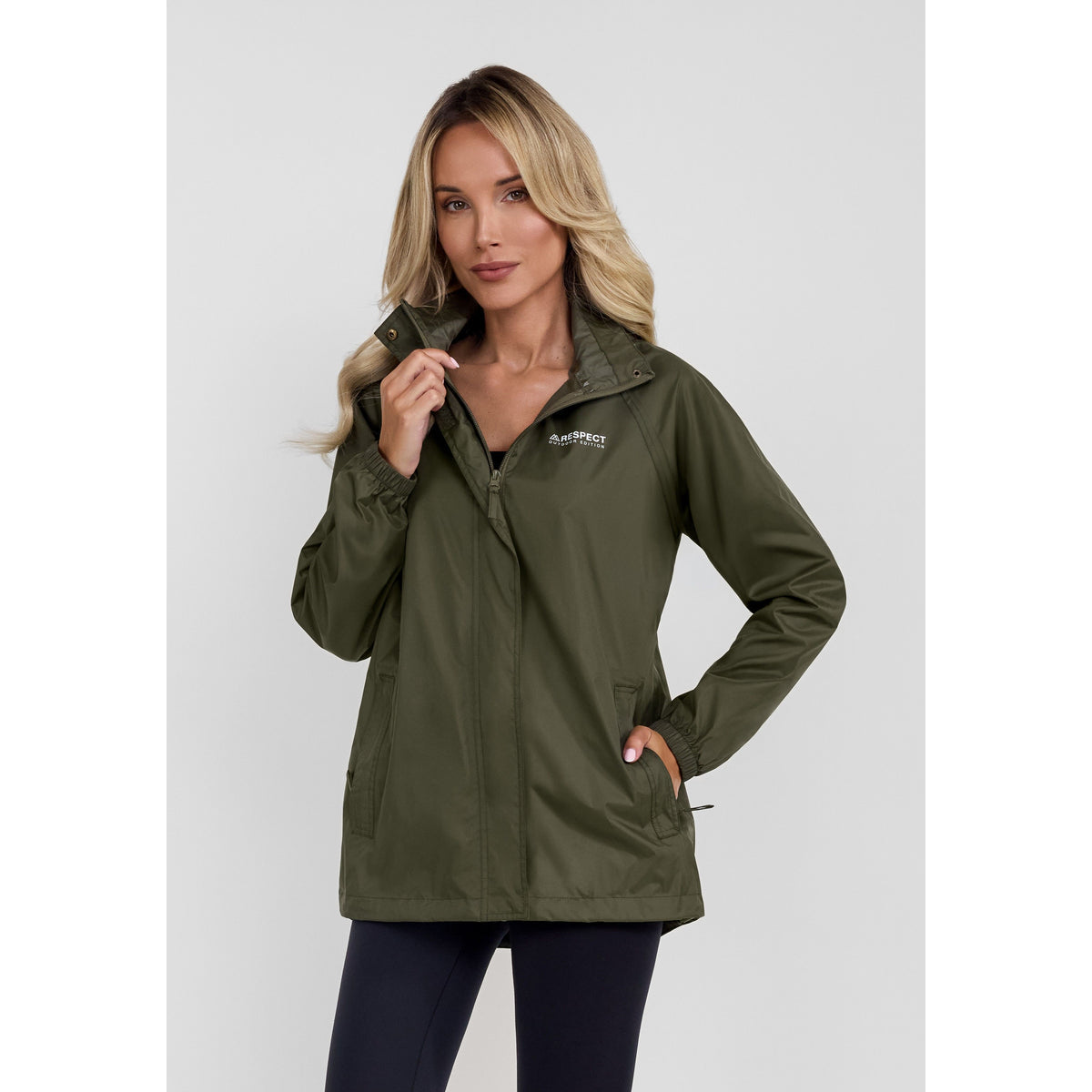 Women's packaway hooded jacket in khaki — complete product view for square Shop card