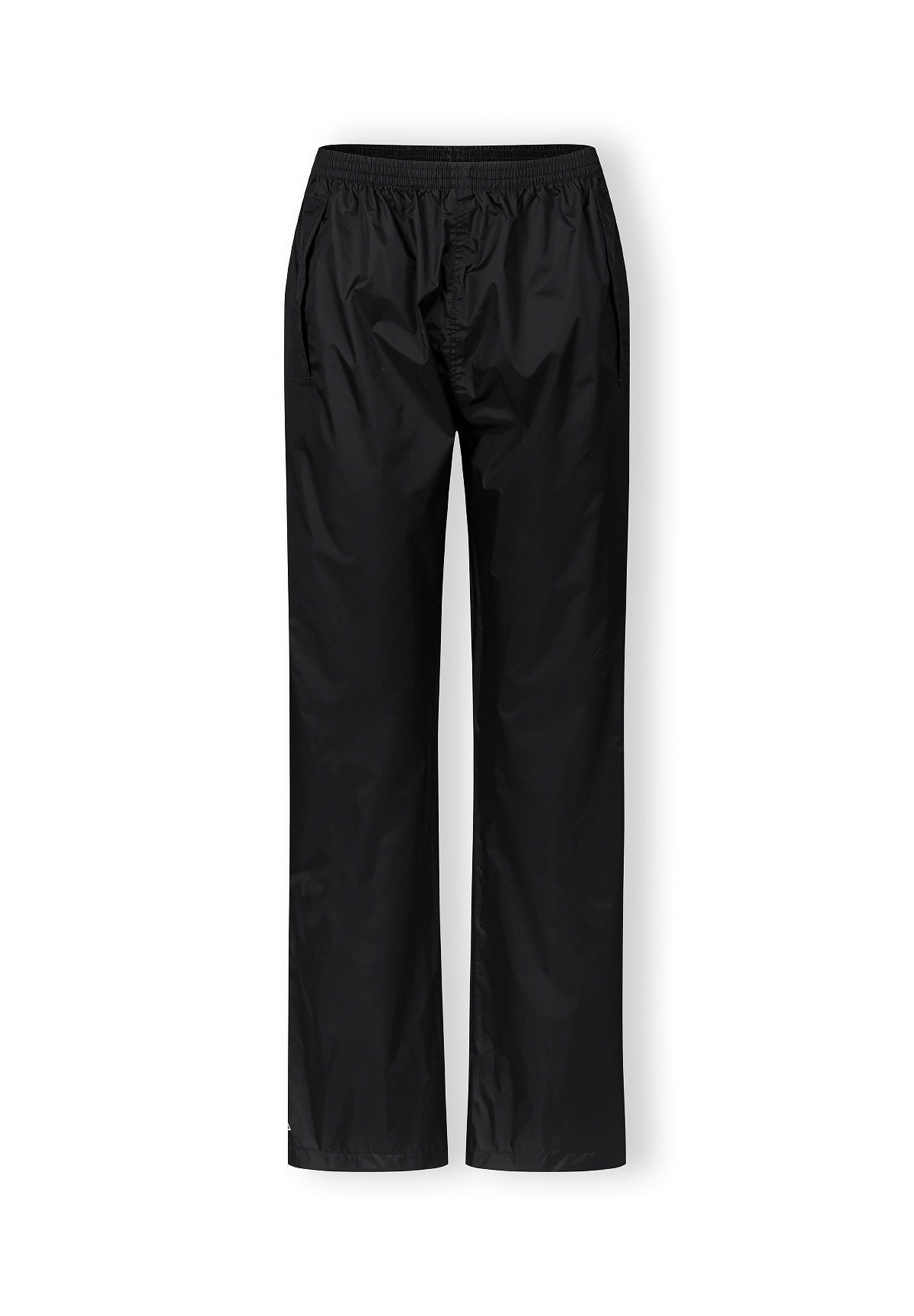 Women’s waterproof overpants in black, front view with elasticated waistband and side pockets.
