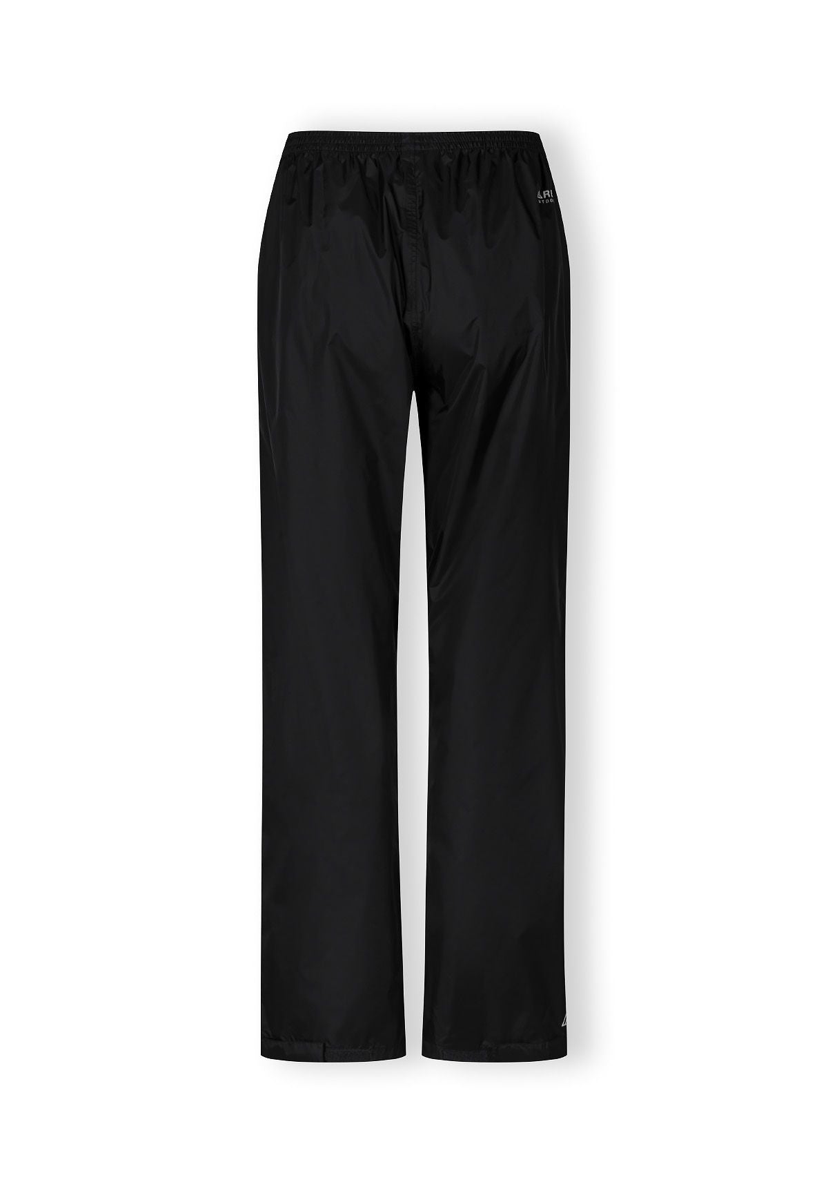 Women's black packaway waterproof overpants, back view with elasticated waistband.
