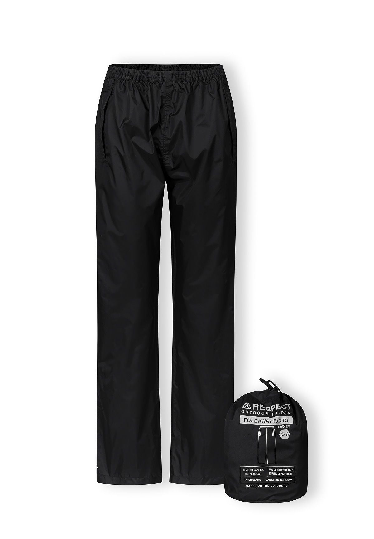Women’s black waterproof overpants, front view, elasticated waistband and side pockets.