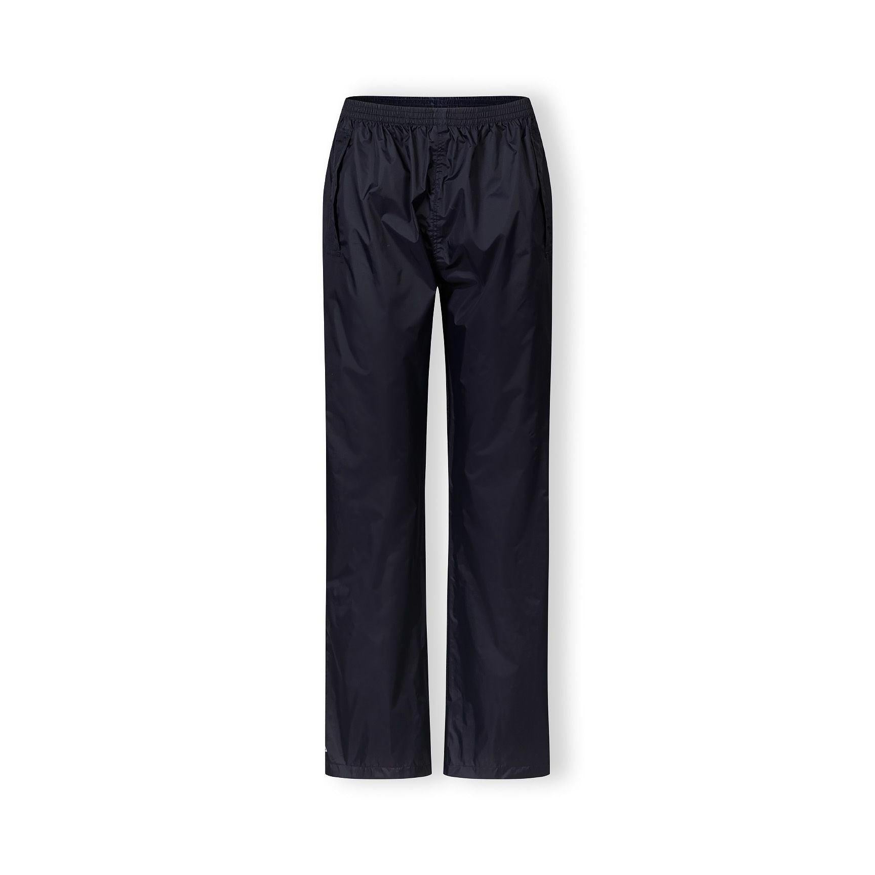 Close-up detail of navy waterproof overpants showing elastic waistband and waterproof fabric texture