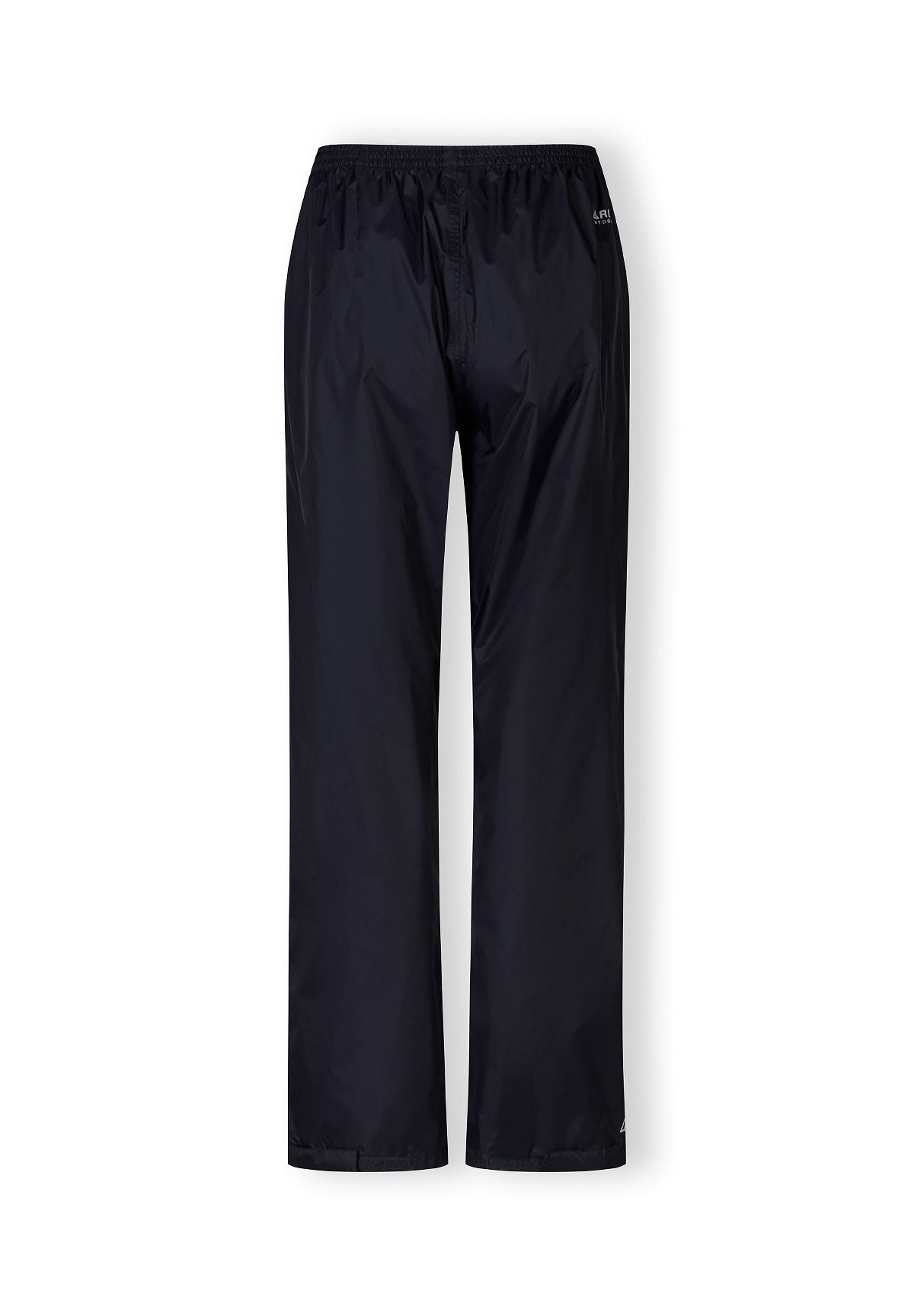 Women's navy waterproof overpants, back view, featuring elastic waistband and adjustable velcro hems.