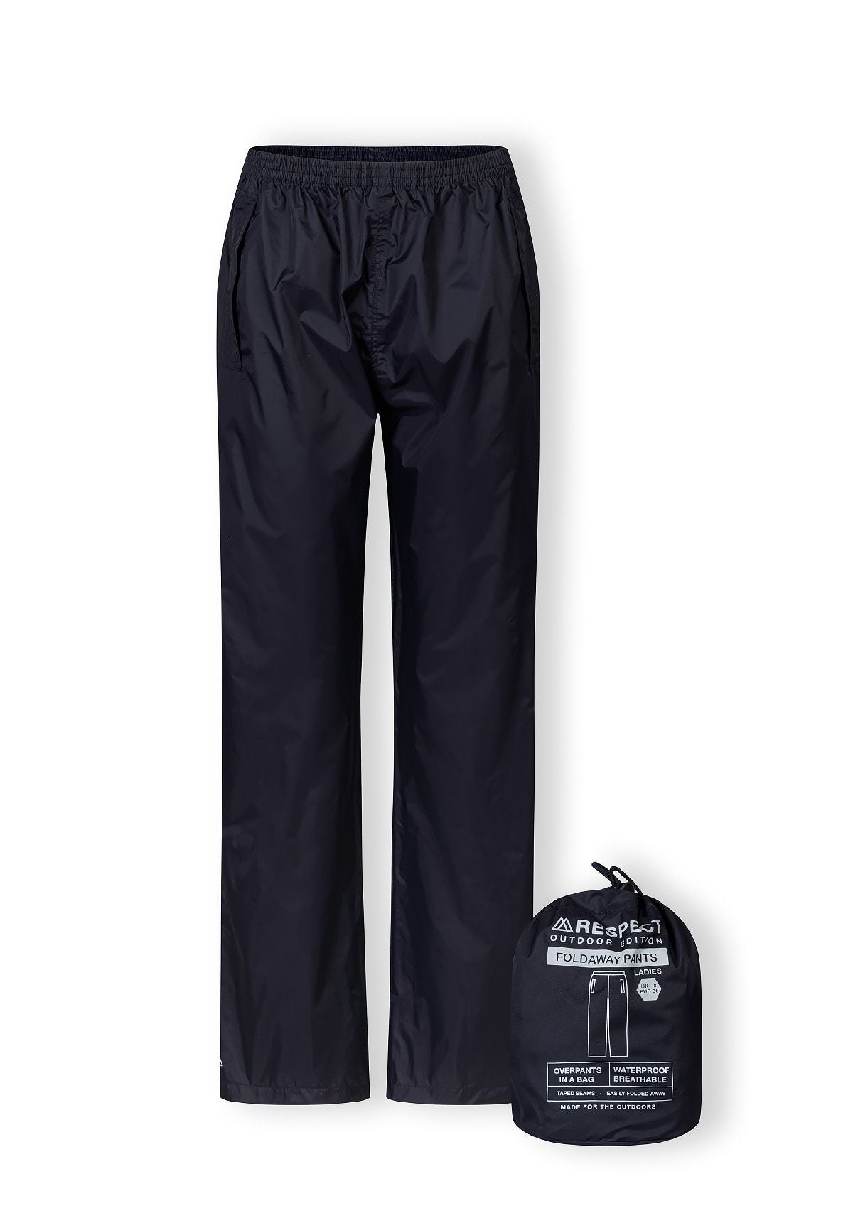 Women’s navy waterproof overpants, front view, featuring elastic waistband and side openings.