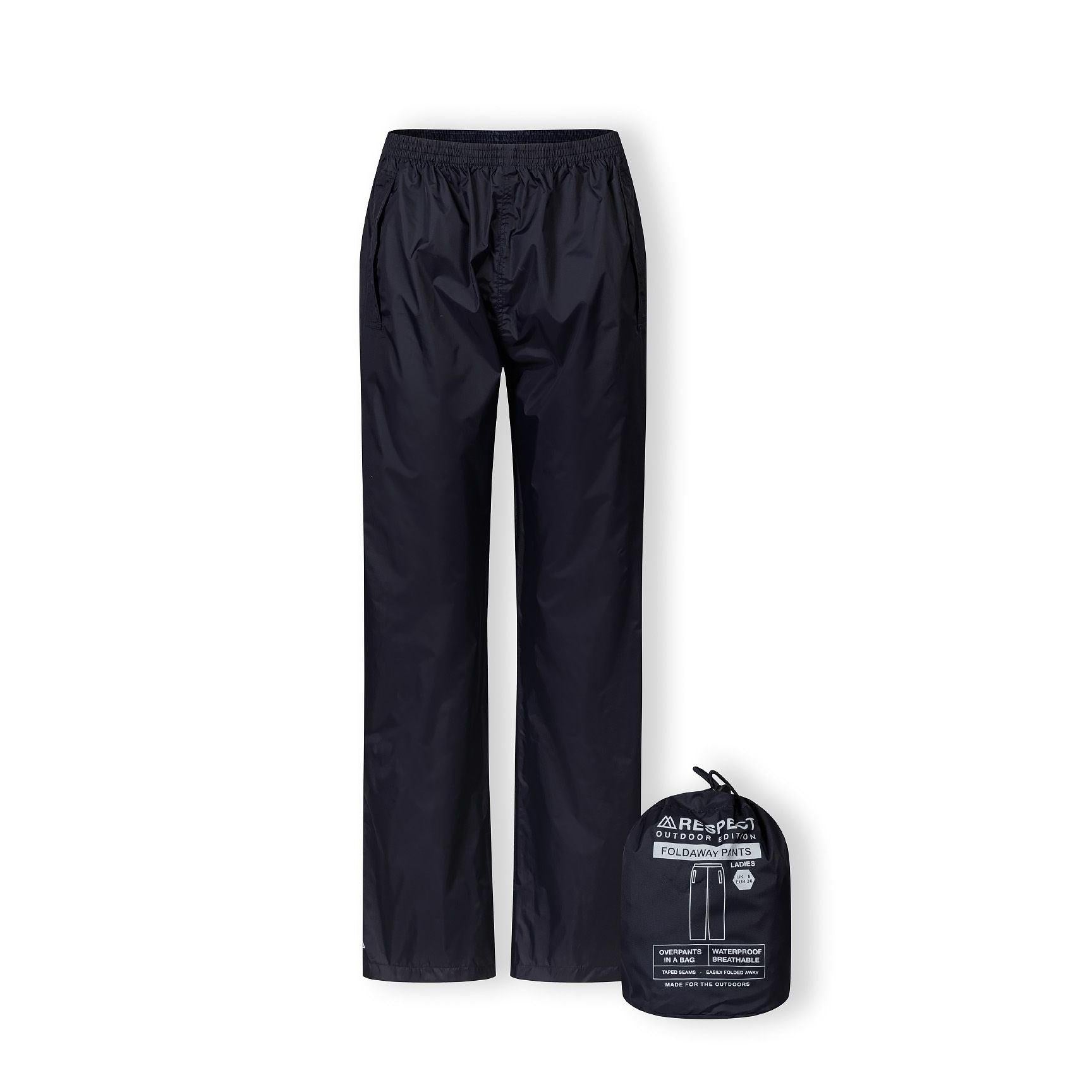 Navy waterproof overpants laid flat showing packaway storage pouch with Regatta branding label