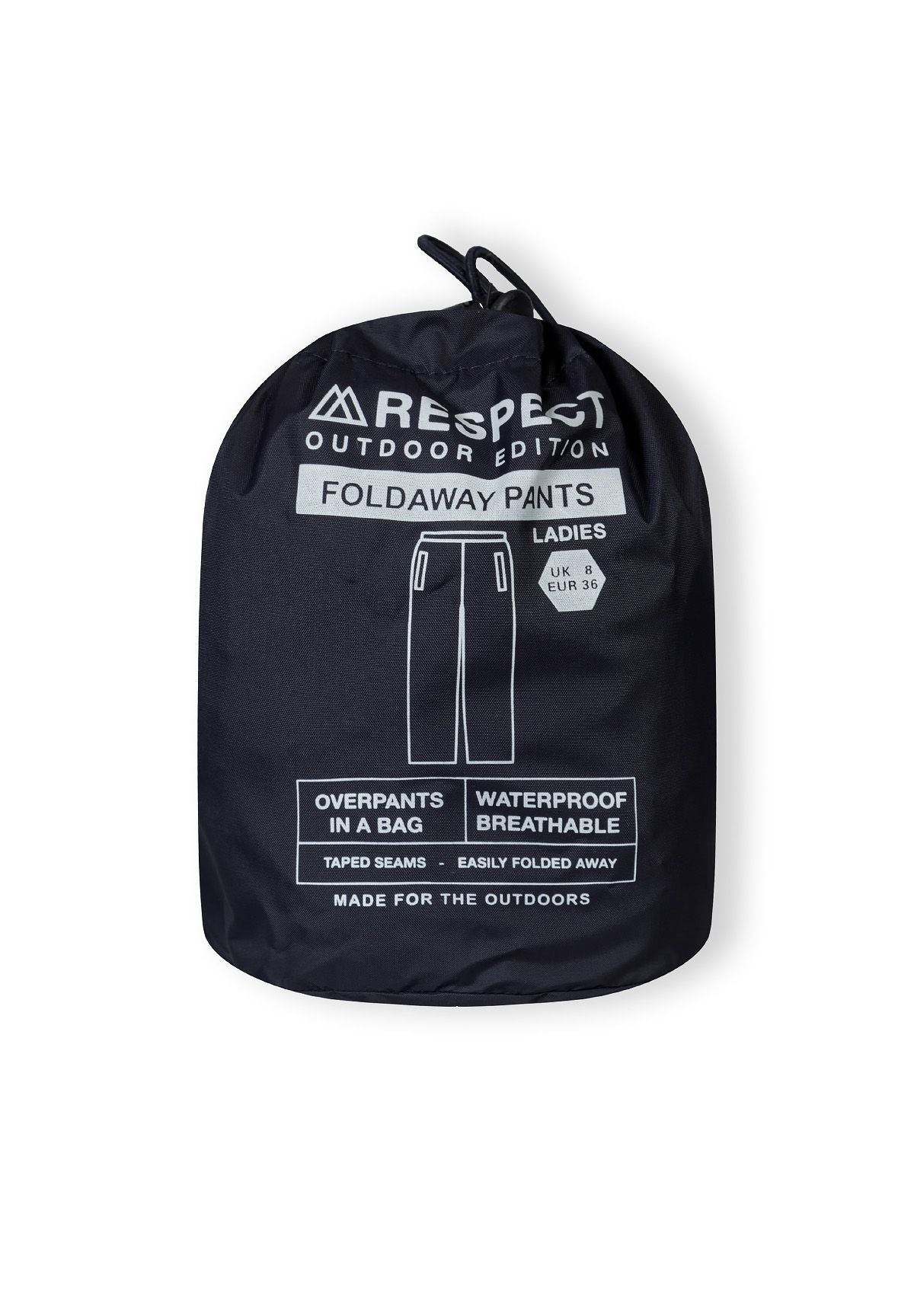 Compact navy waterproof overpants in storage pouch, featuring foldaway design.