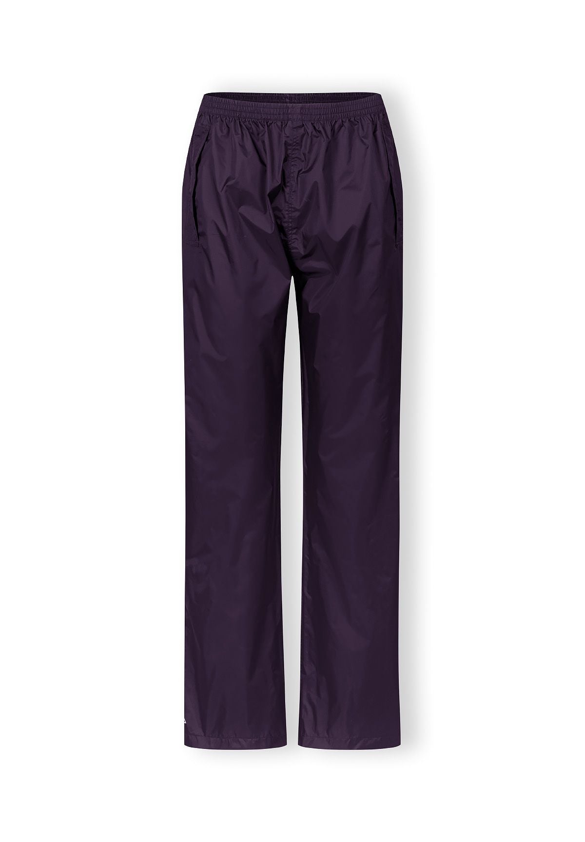 Women’s packaway waterproof overpants in purple, front view with elasticated waistband and side pockets.