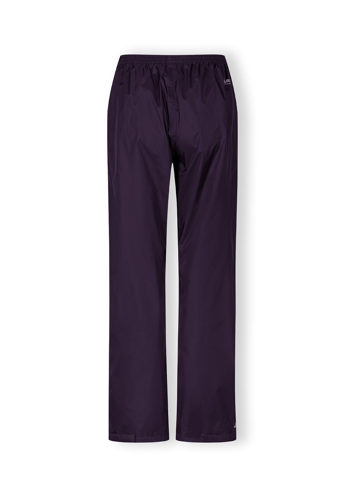 Women’s waterproof overpants in purple, back view with adjustable cuffs.