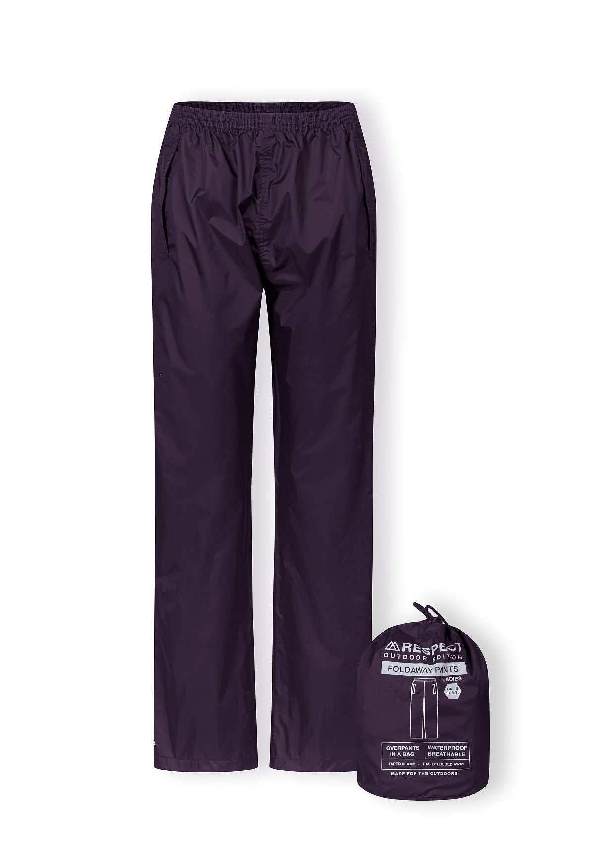 Women’s purple packaway waterproof overpants with adjustable cuffs, front view.