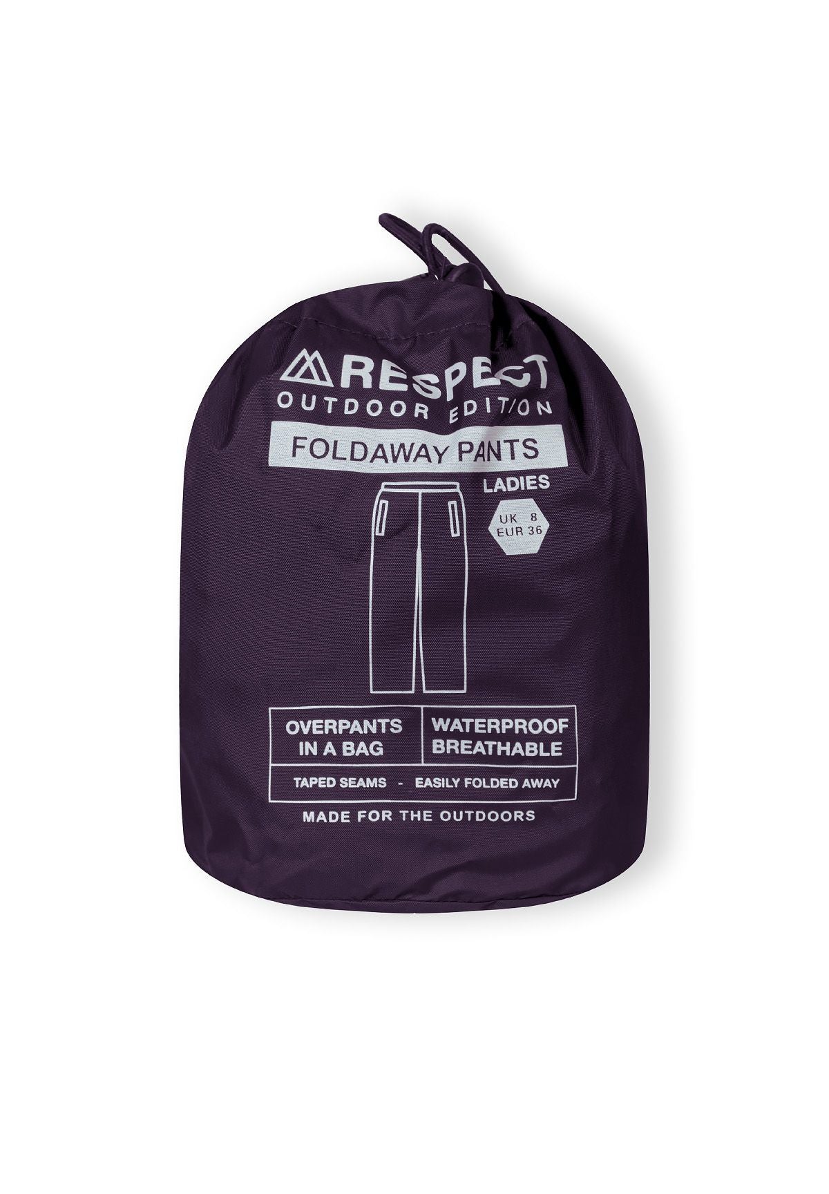Detail of purple packaway waterproof overpants in a pouch with printed features.